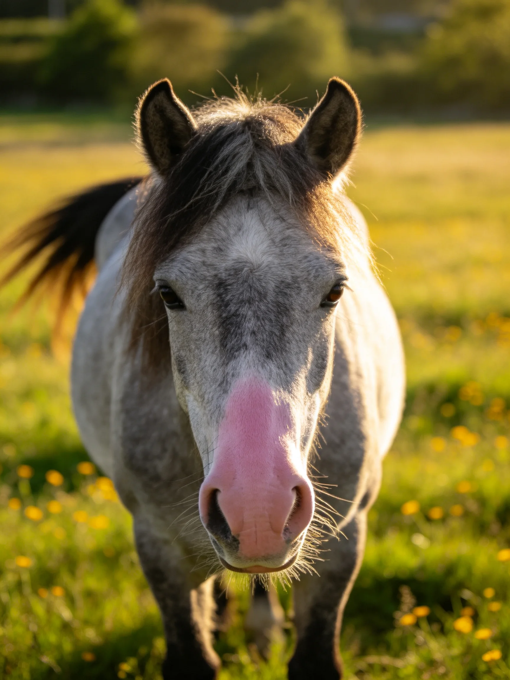 A gray pony with a pink nose in a sunlit flower-filled meadow