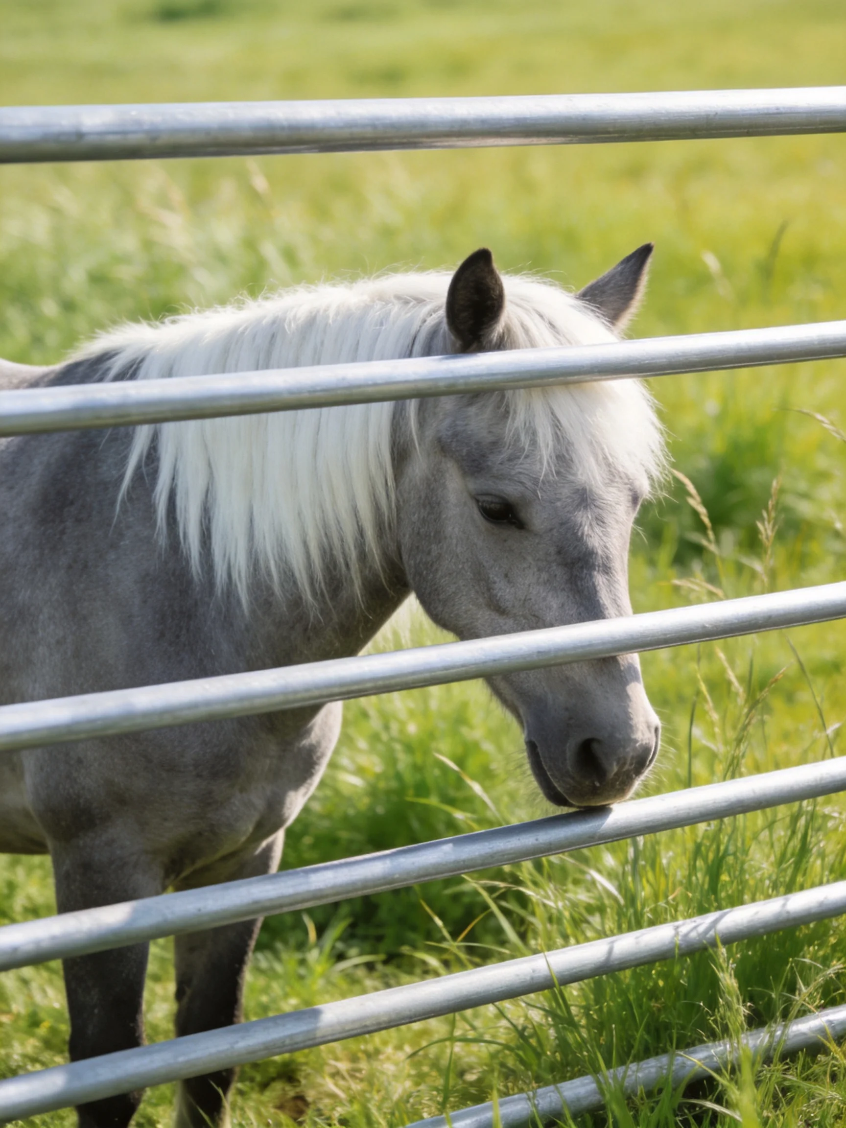 A gray pony with white mane near a silver fence in a green field
