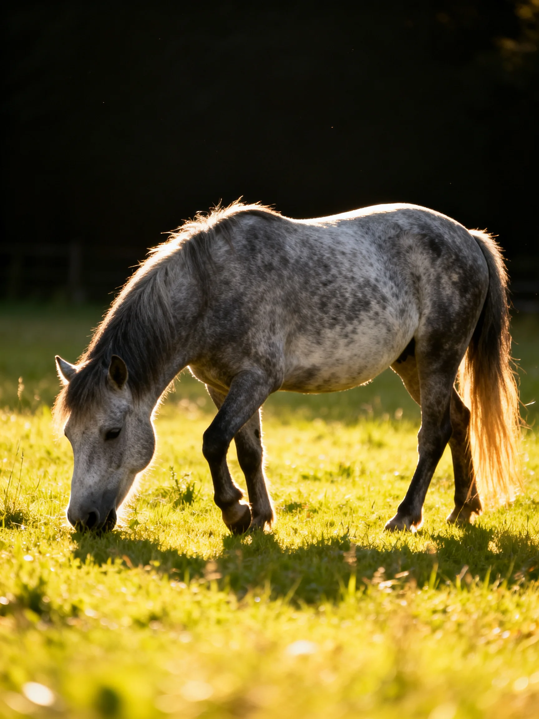 A gray speckled horse grazes in a sunlit green meadow