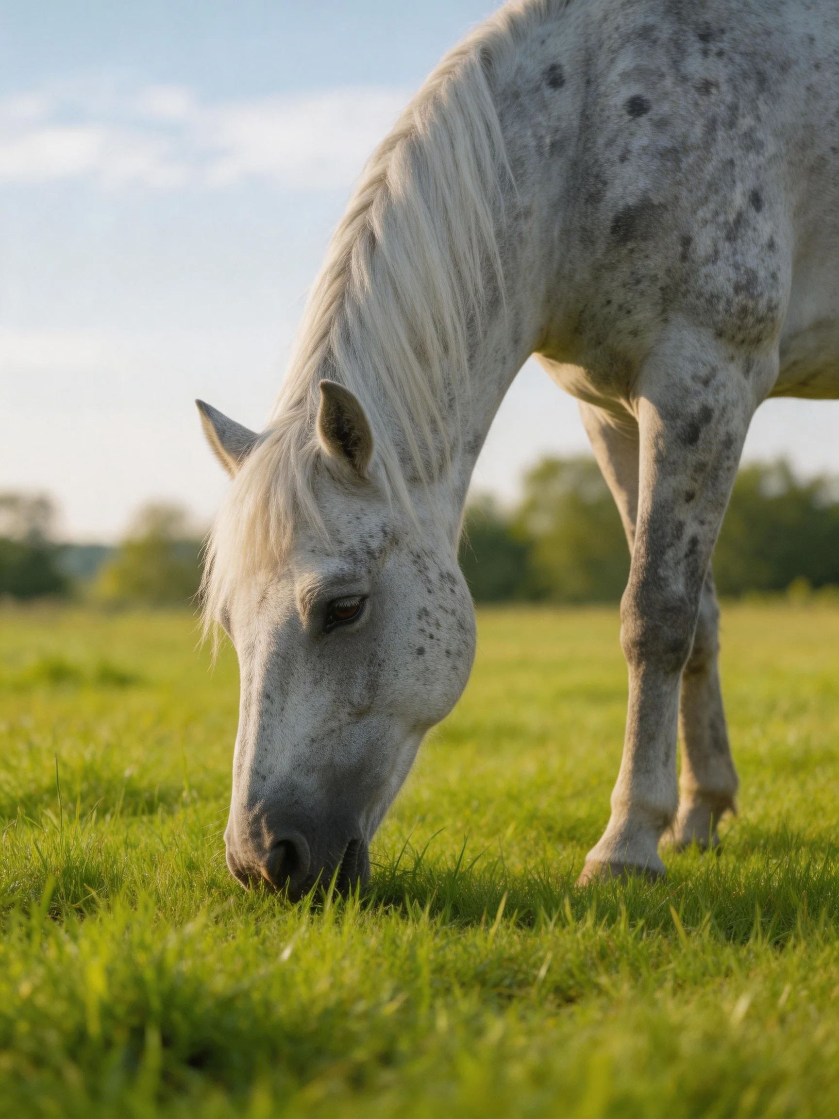A gray-speckled horse grazes peacefully in a sunlit meadow.