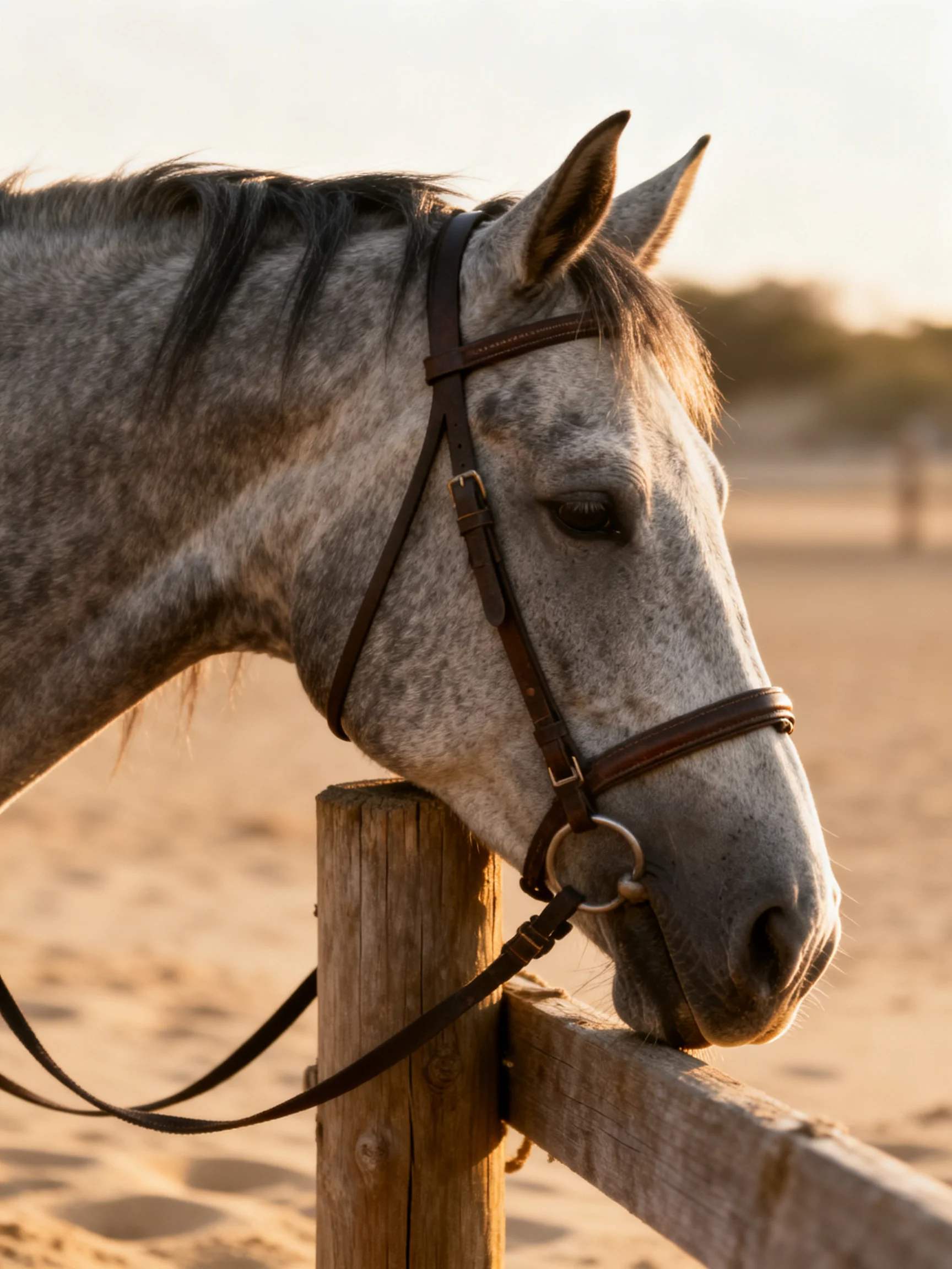 A gray speckled horse near a wooden fence in a sandy area