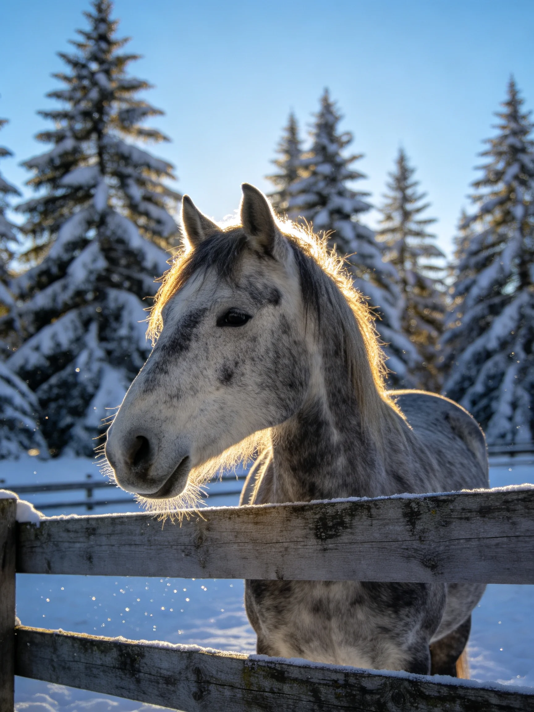 A gray speckled horse near snow - covered pine trees by a wooden fence