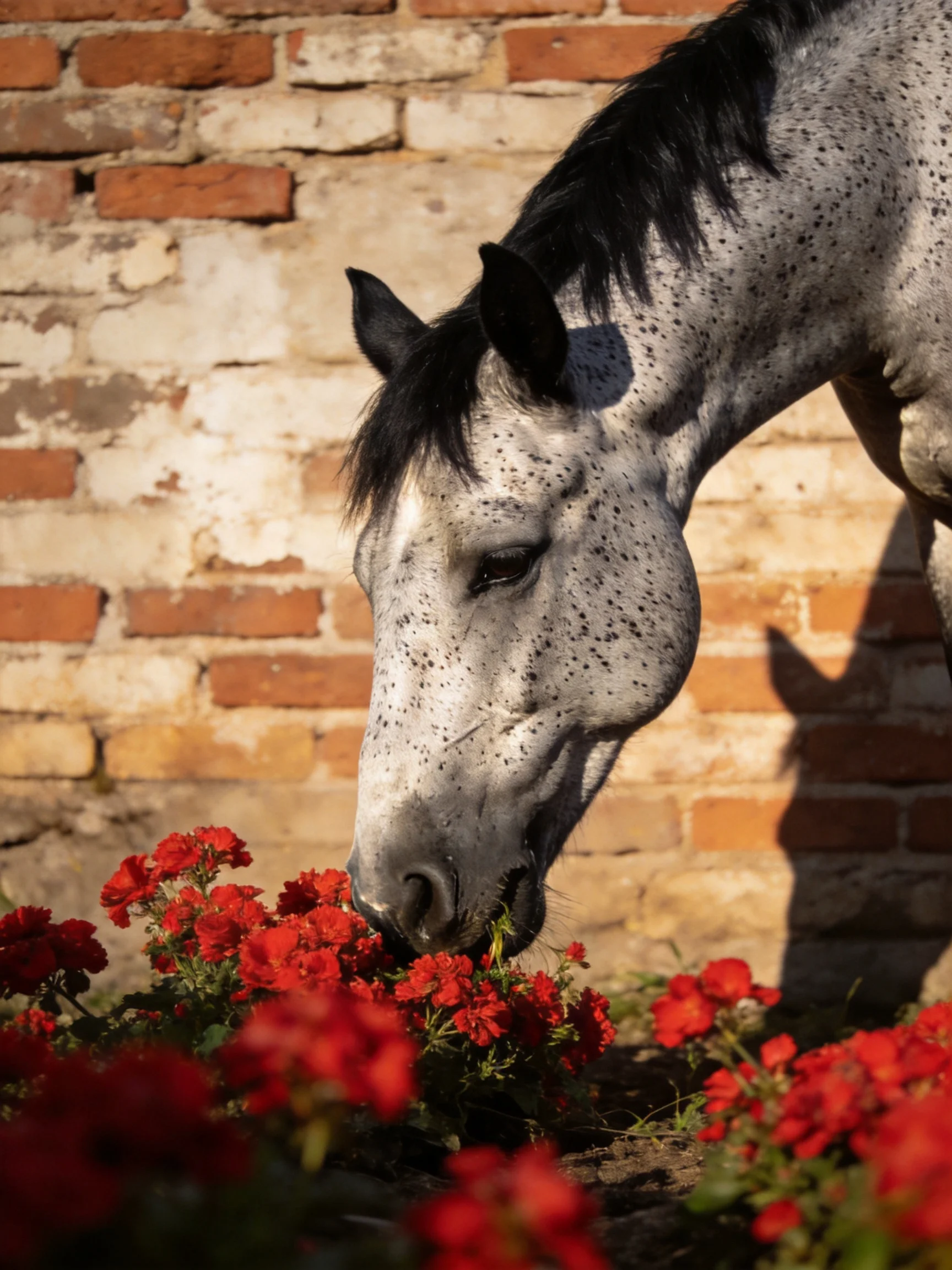 A gray speckled horse sniffs vibrant red flowers near an aged brick wall