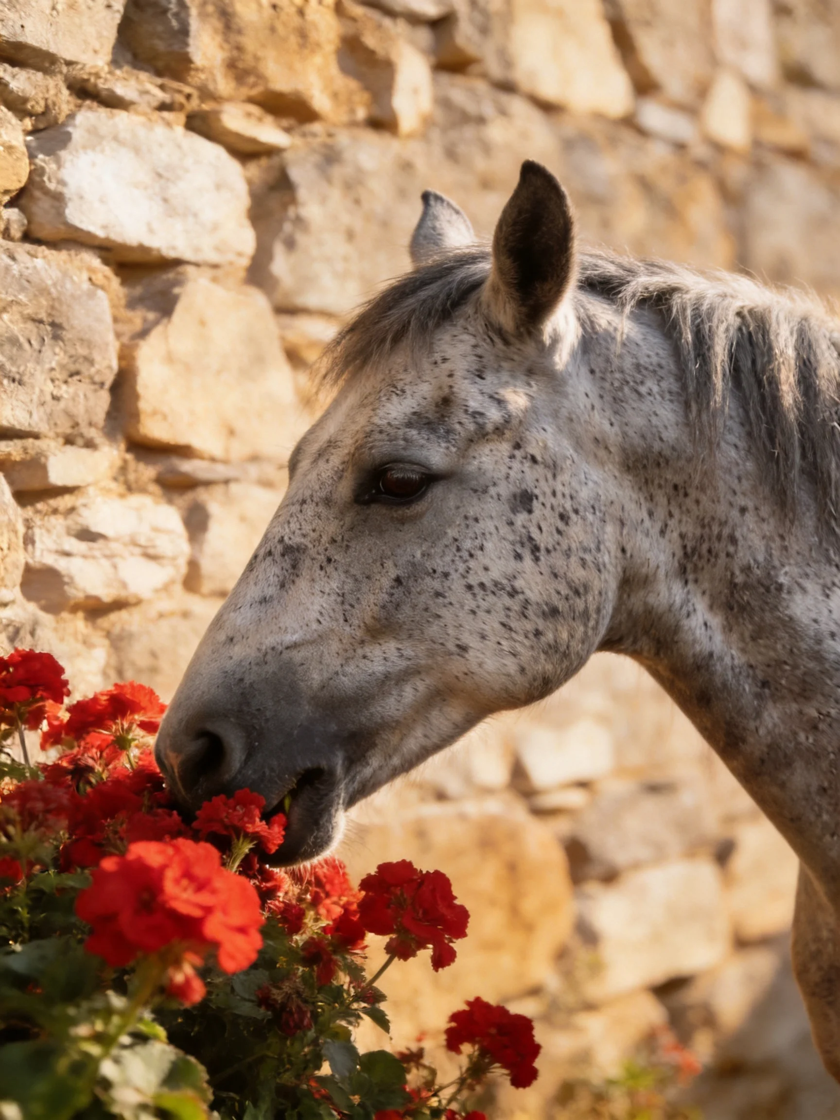 A gray speckled horse sniffs vibrant red flowers near an aged stone wall