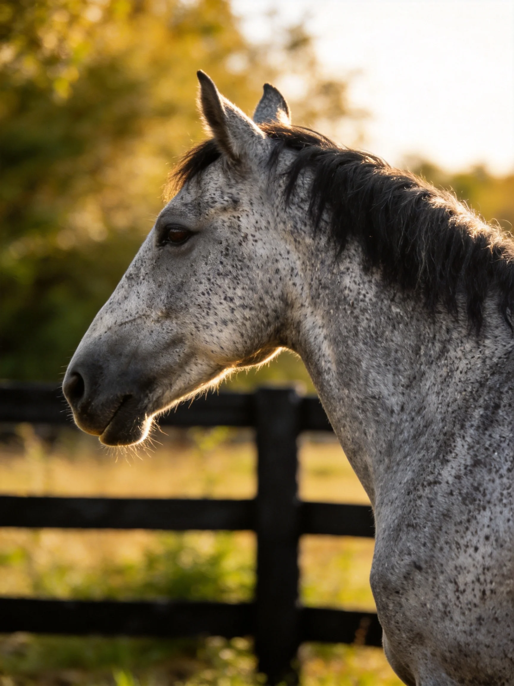 A gray speckled horse stands beside a dark wooden fence in golden light