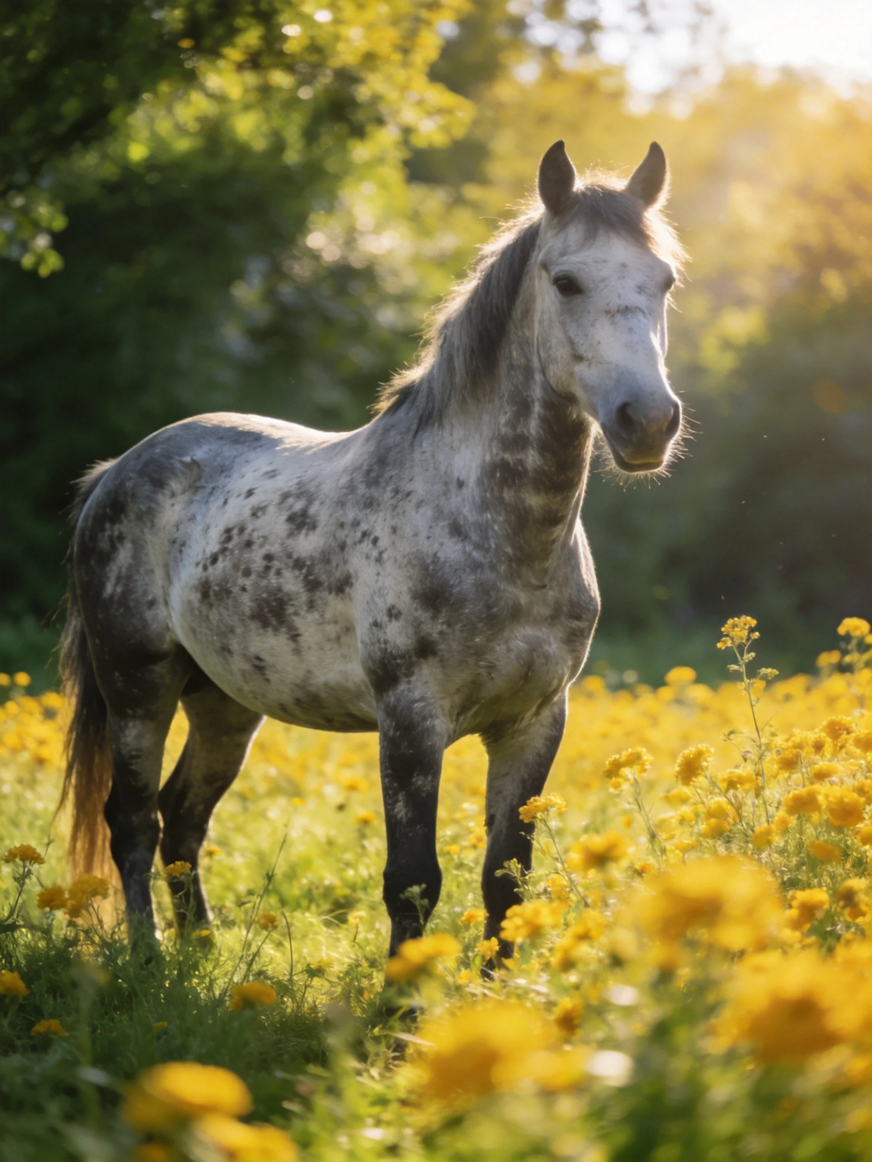 A gray speckled horse stands in a sunlit yellow flower meadow