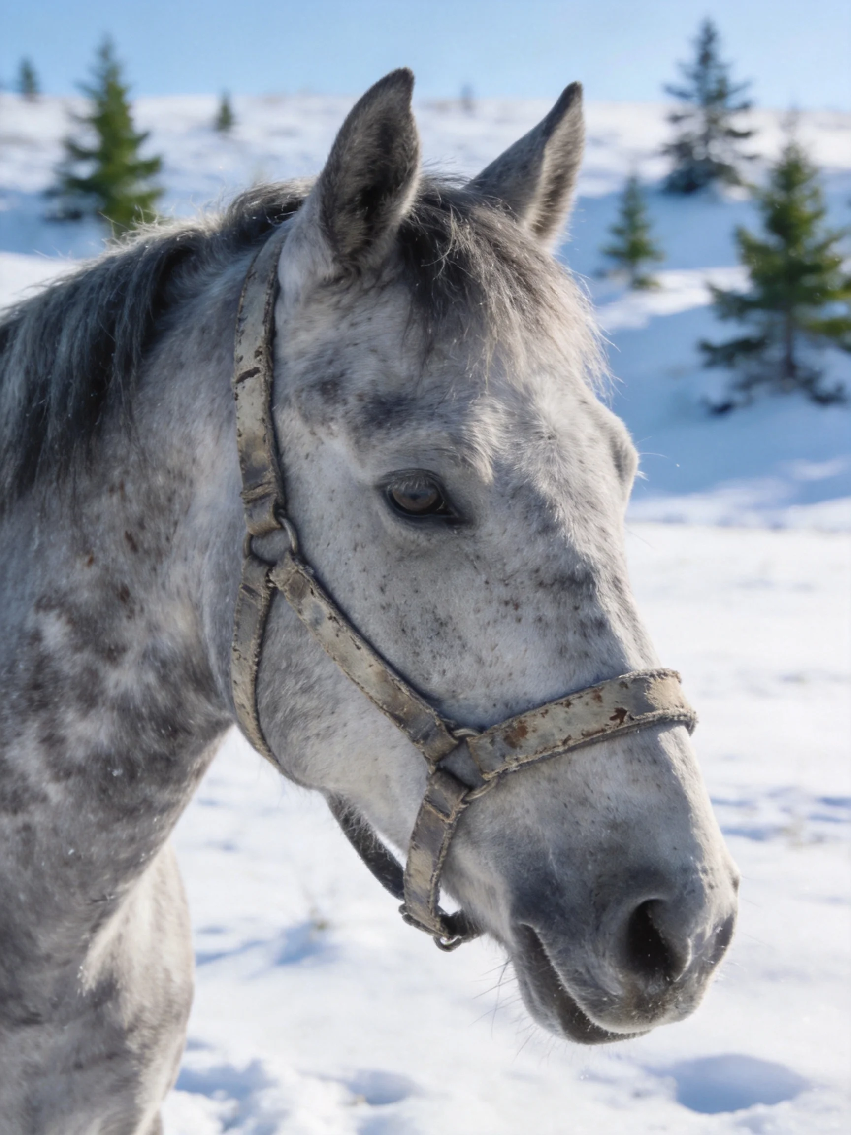 A gray speckled horse with a worn halter in a snowy landscape