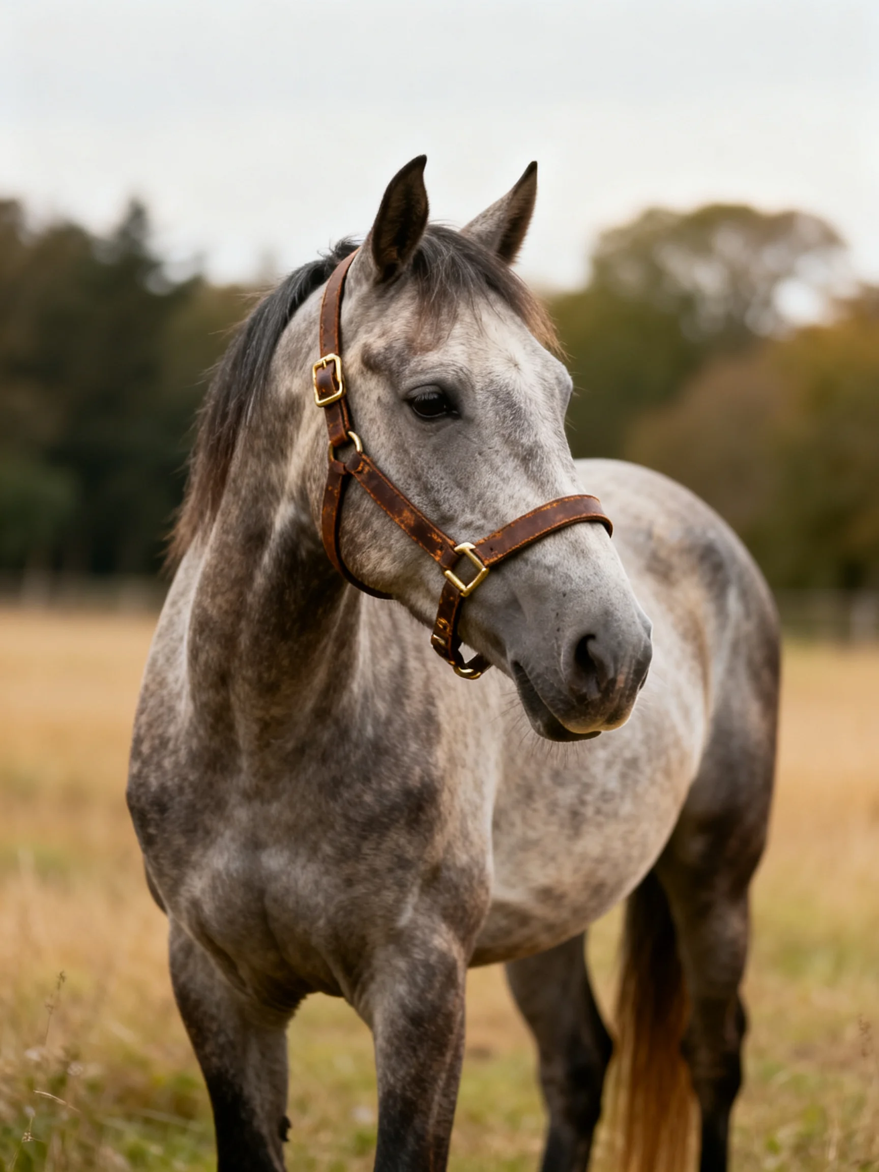 A gray speckled horse with brown leather halter in golden field