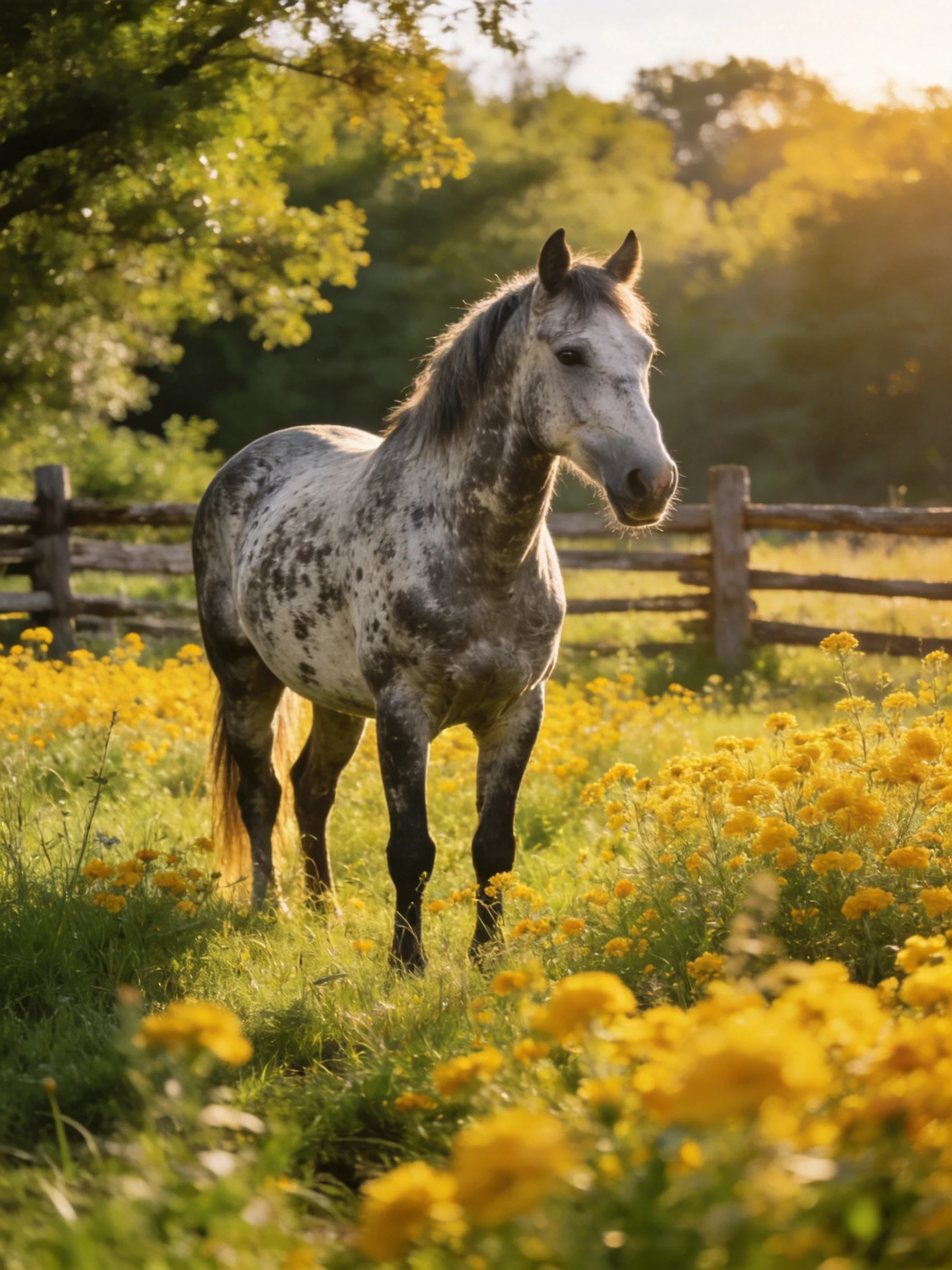 A gray-spotted horse stands among yellow wildflowers near a wooden fence