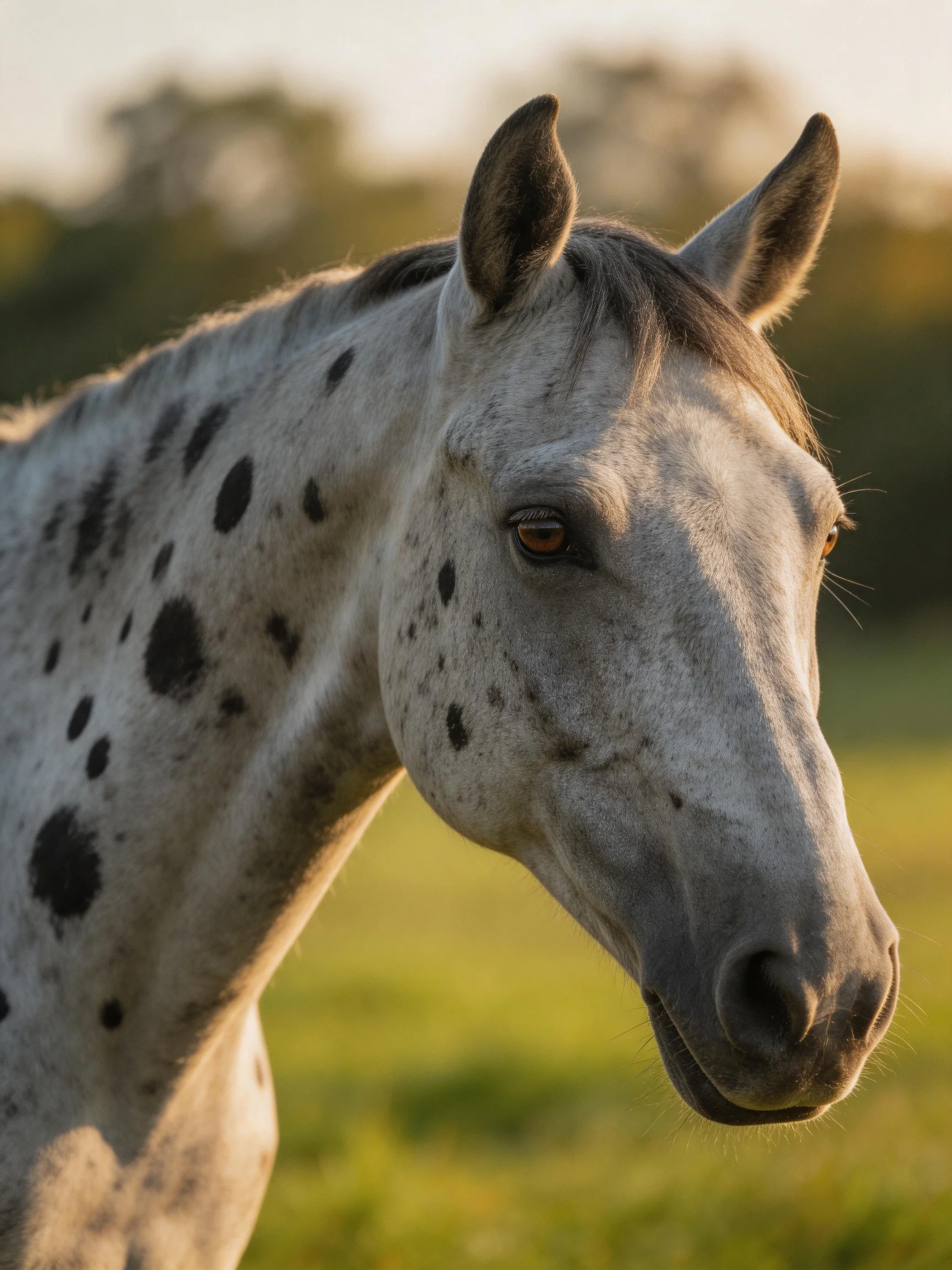 A gray spotted horse stands in a sunlit green field