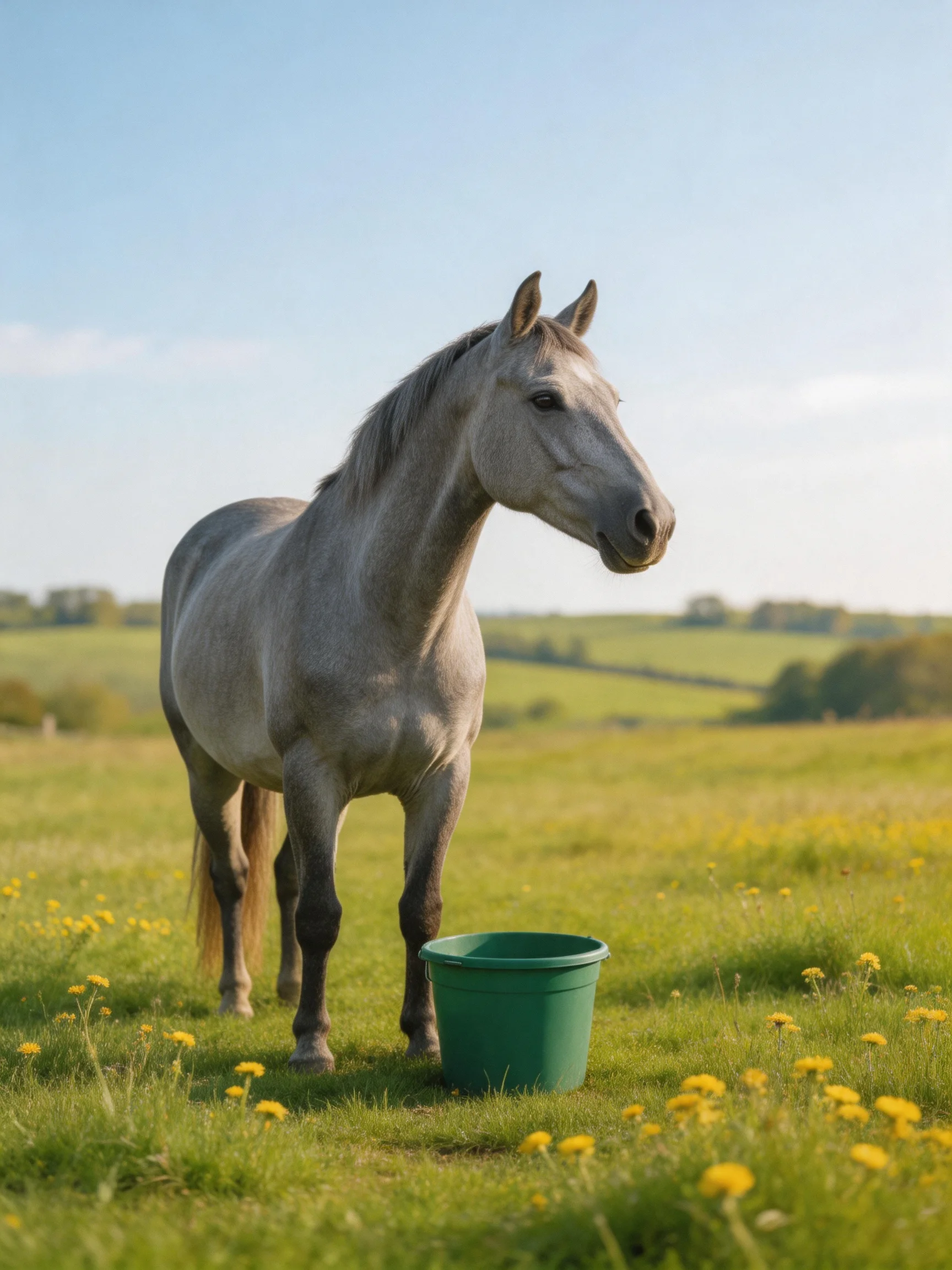 A gray horse stands beside a green bucket in a sunny, flower-filled field.