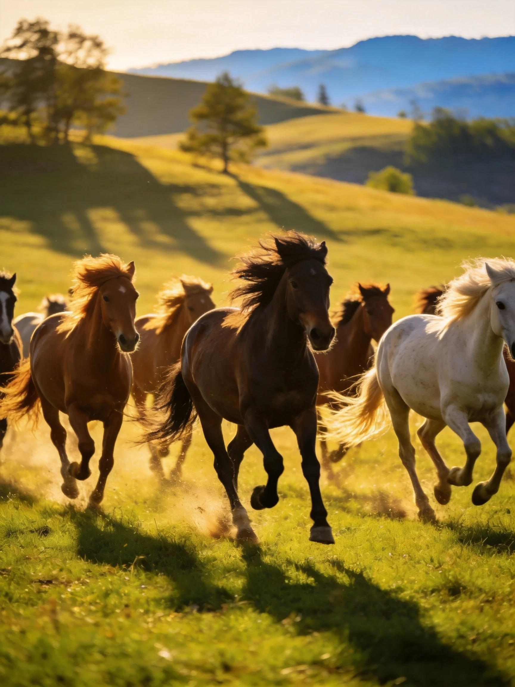 A group of brown, black, and white horses galloping through a sunlit meadow