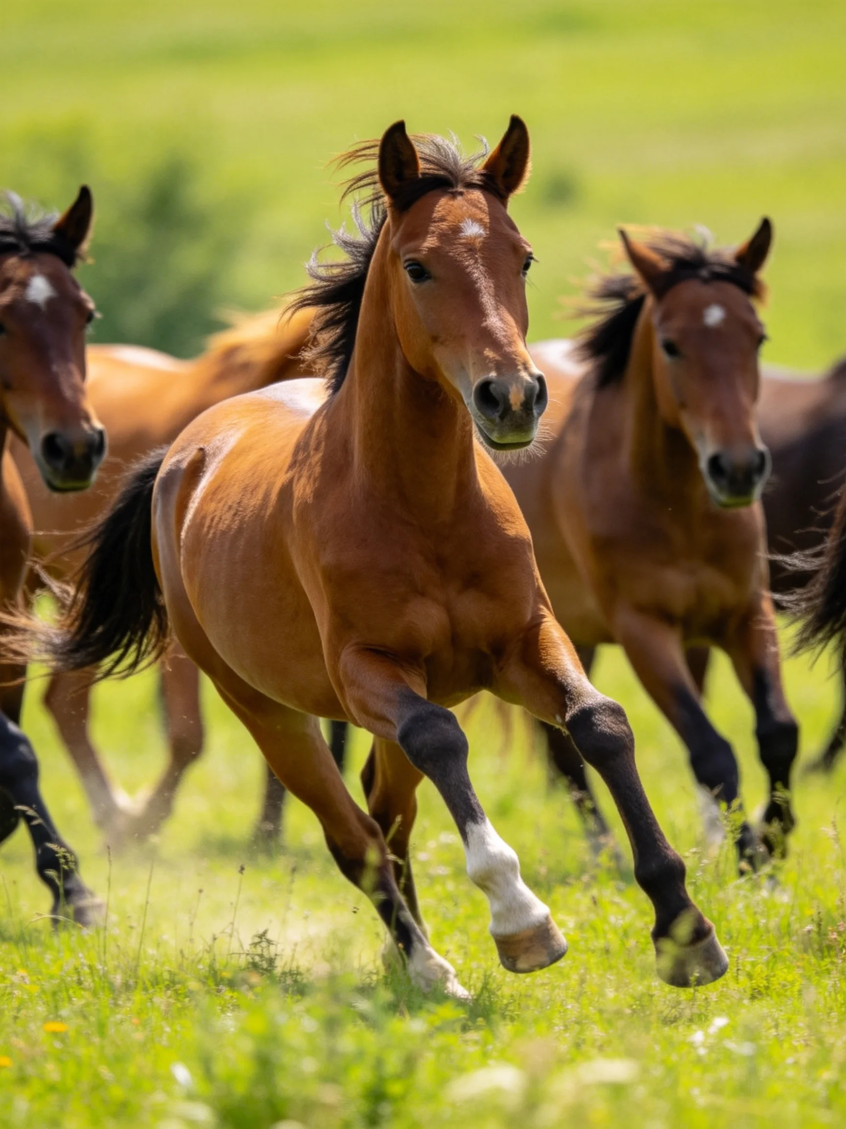 A group of chestnut horses galloping through a lush meadow