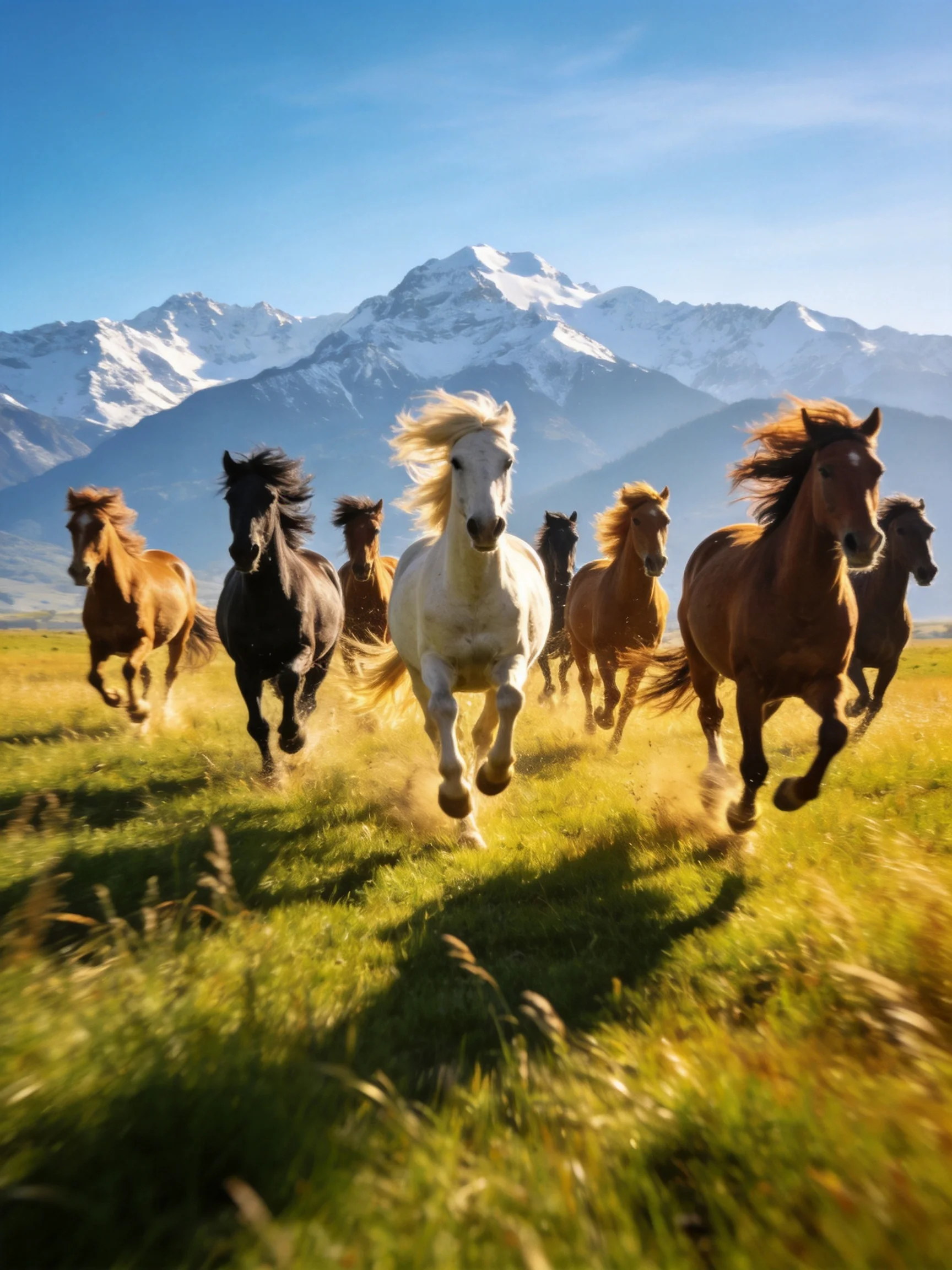 A group of colorful horses galloping near snow-capped mountains