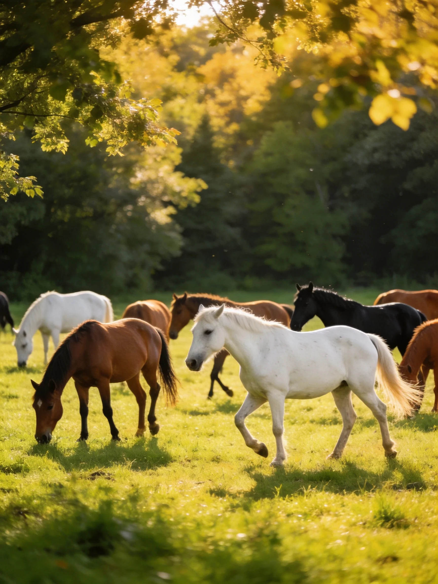 A group of colorful horses grazing in a sunlit meadow