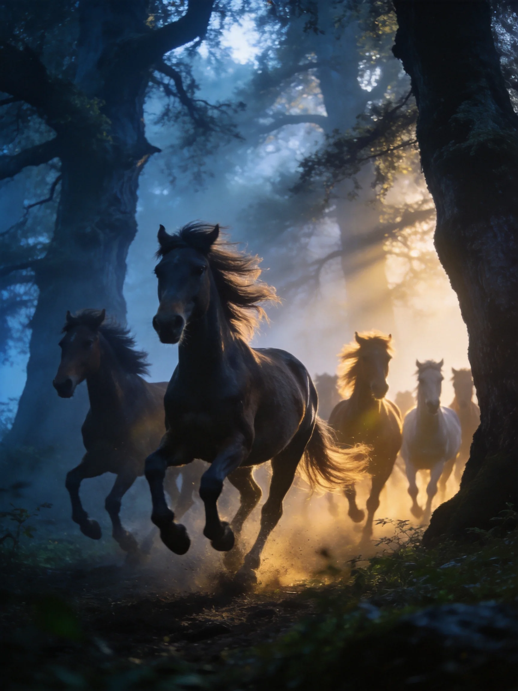 A group of dark horses gallops through a misty forest bathed in golden light