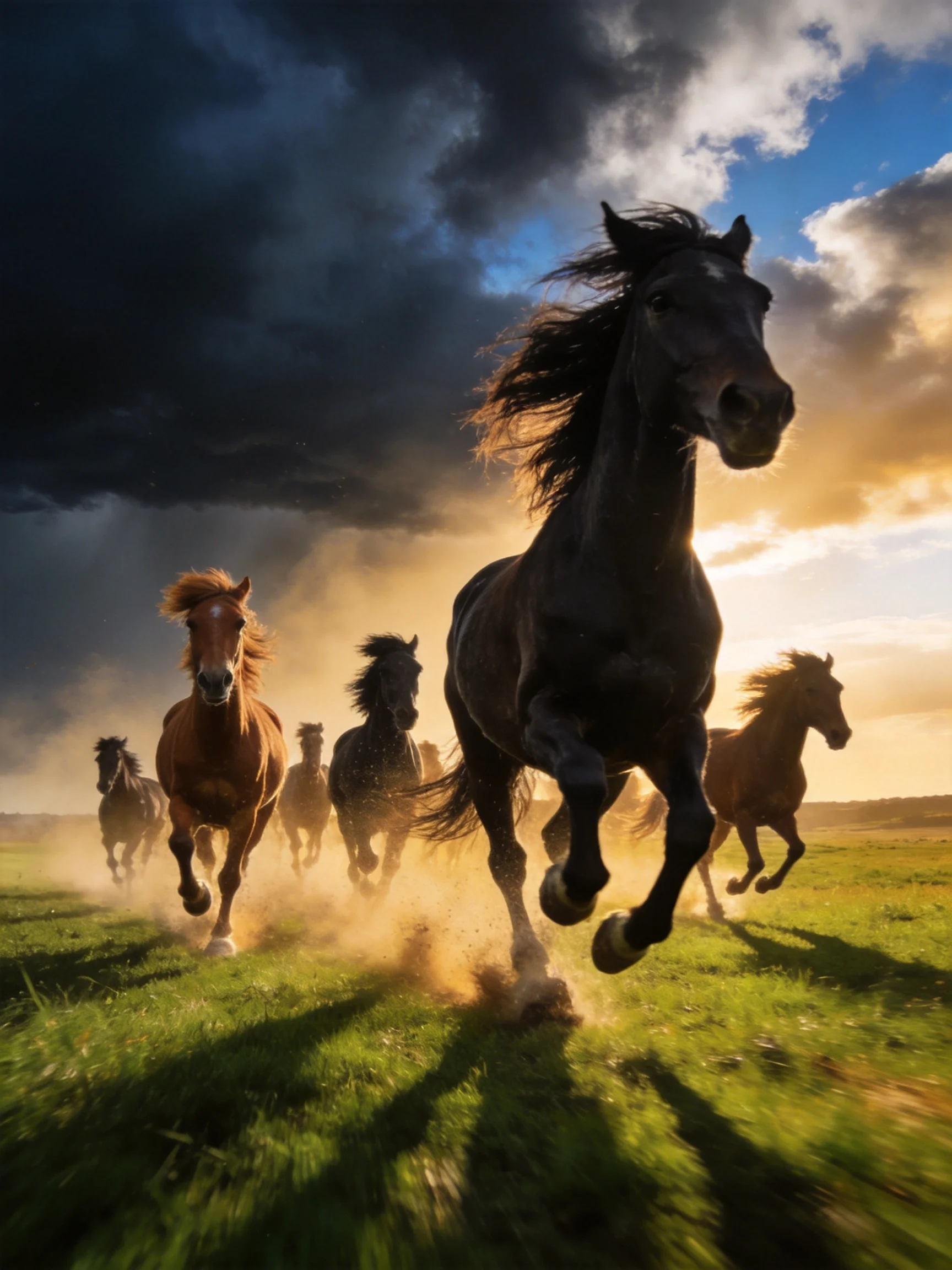 A group of horses galloping through a green meadow under stormy skies