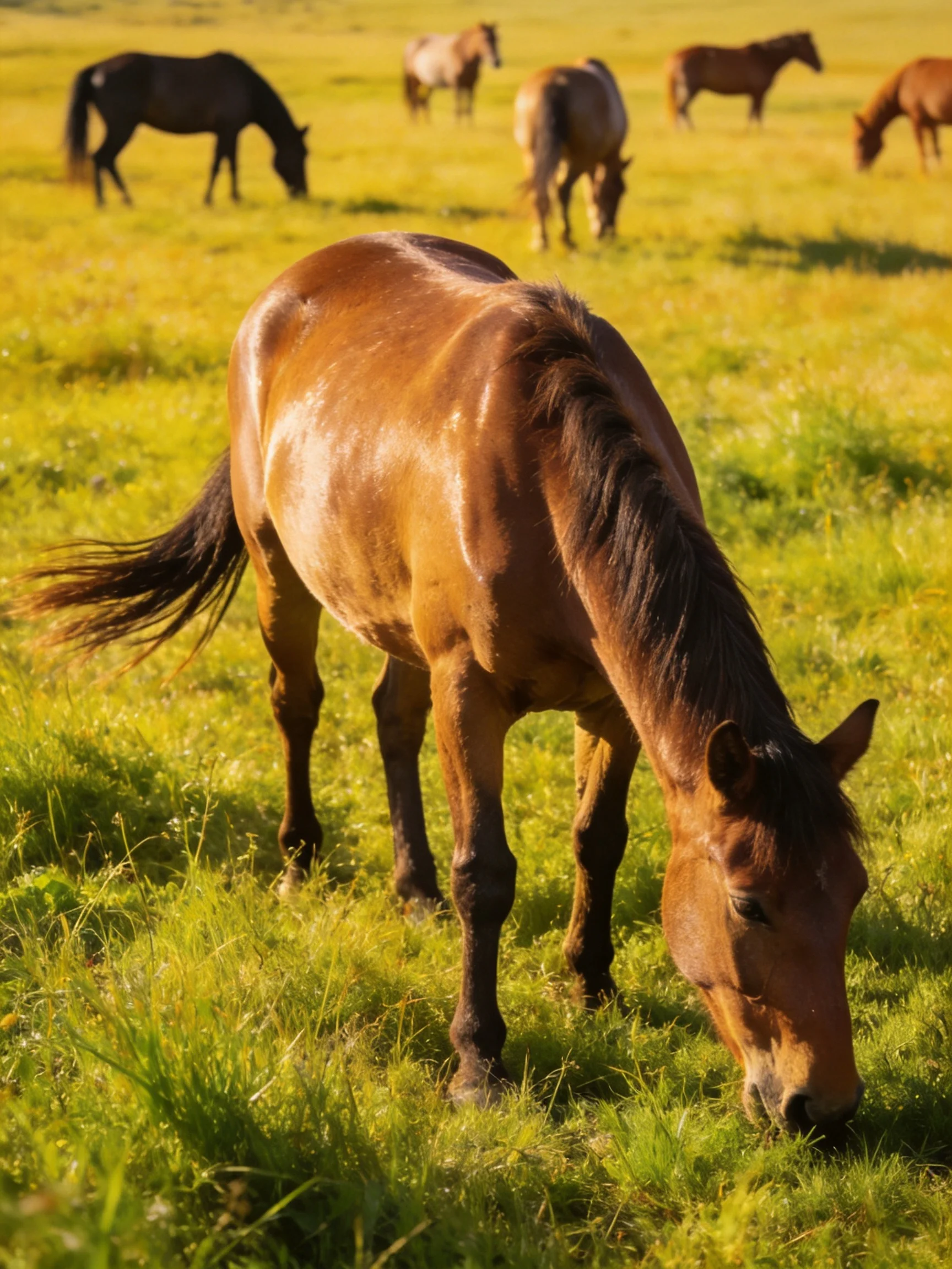 Horses graze in a sunlit, verdant meadow.