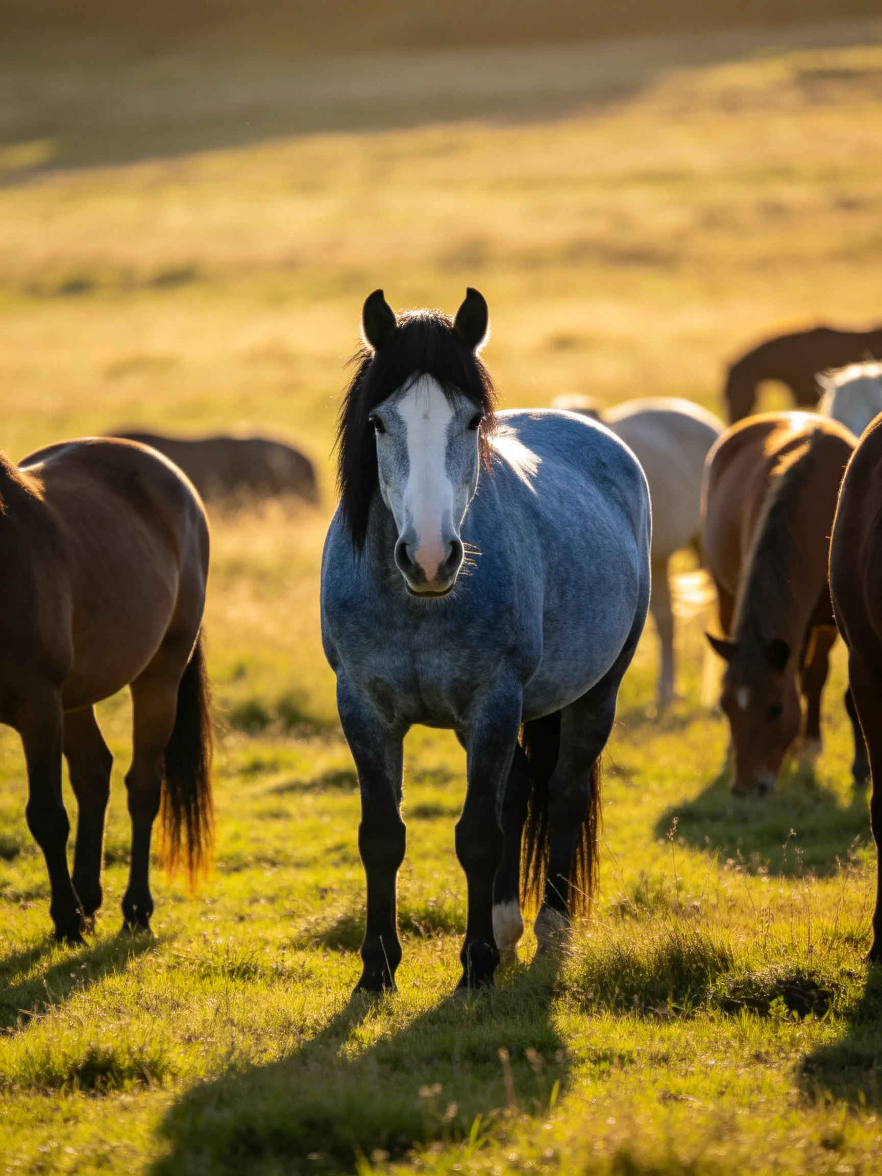A group of horses, including a striking blue horse, graze in golden sunlight