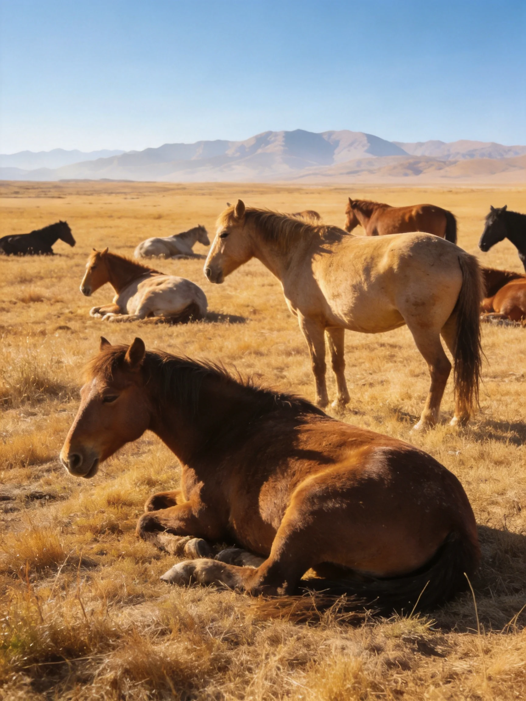 A group of horses resting in an open golden field near distant mountains