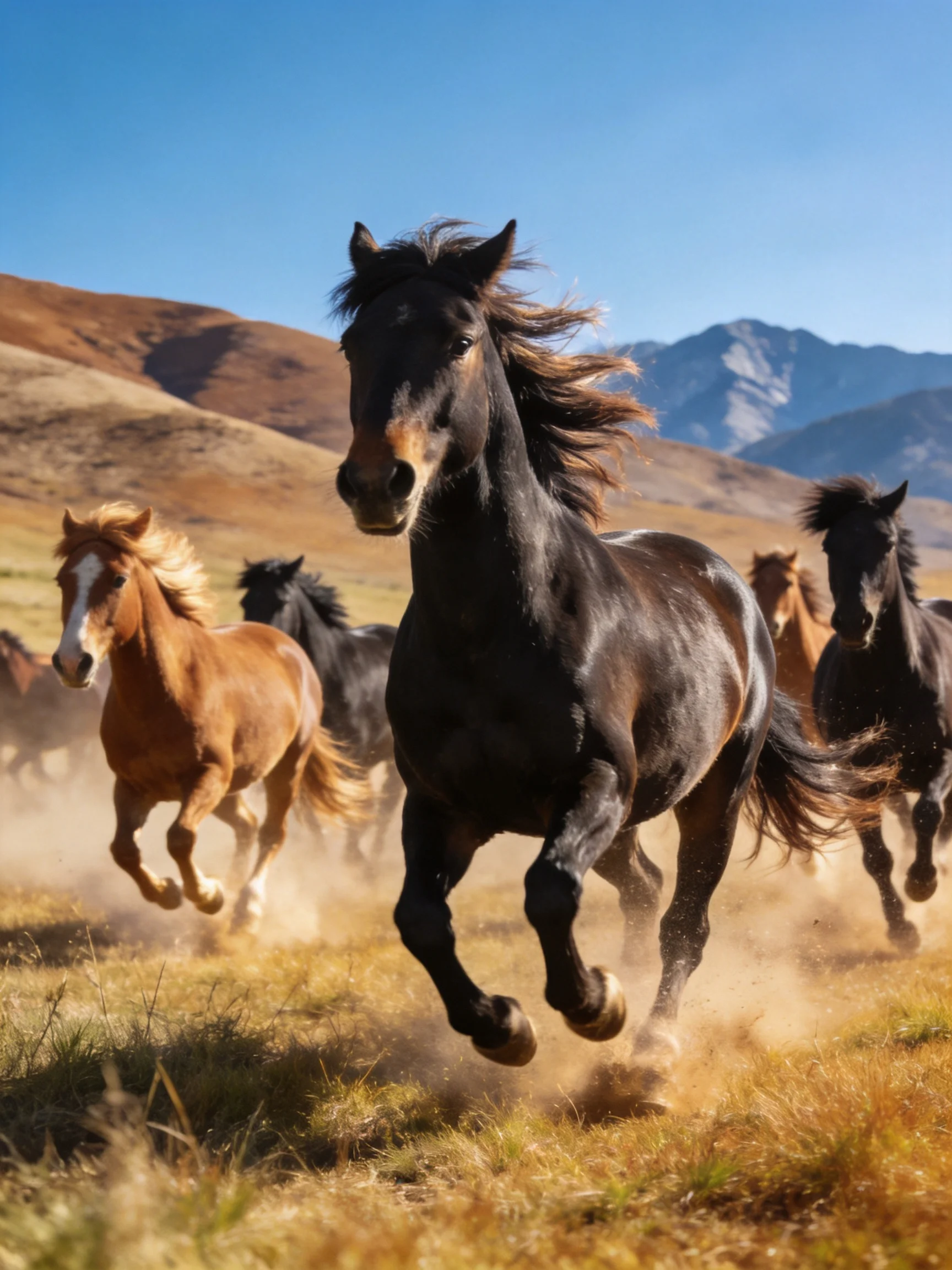 A group of six horses galloping through golden terrain near brown mountains