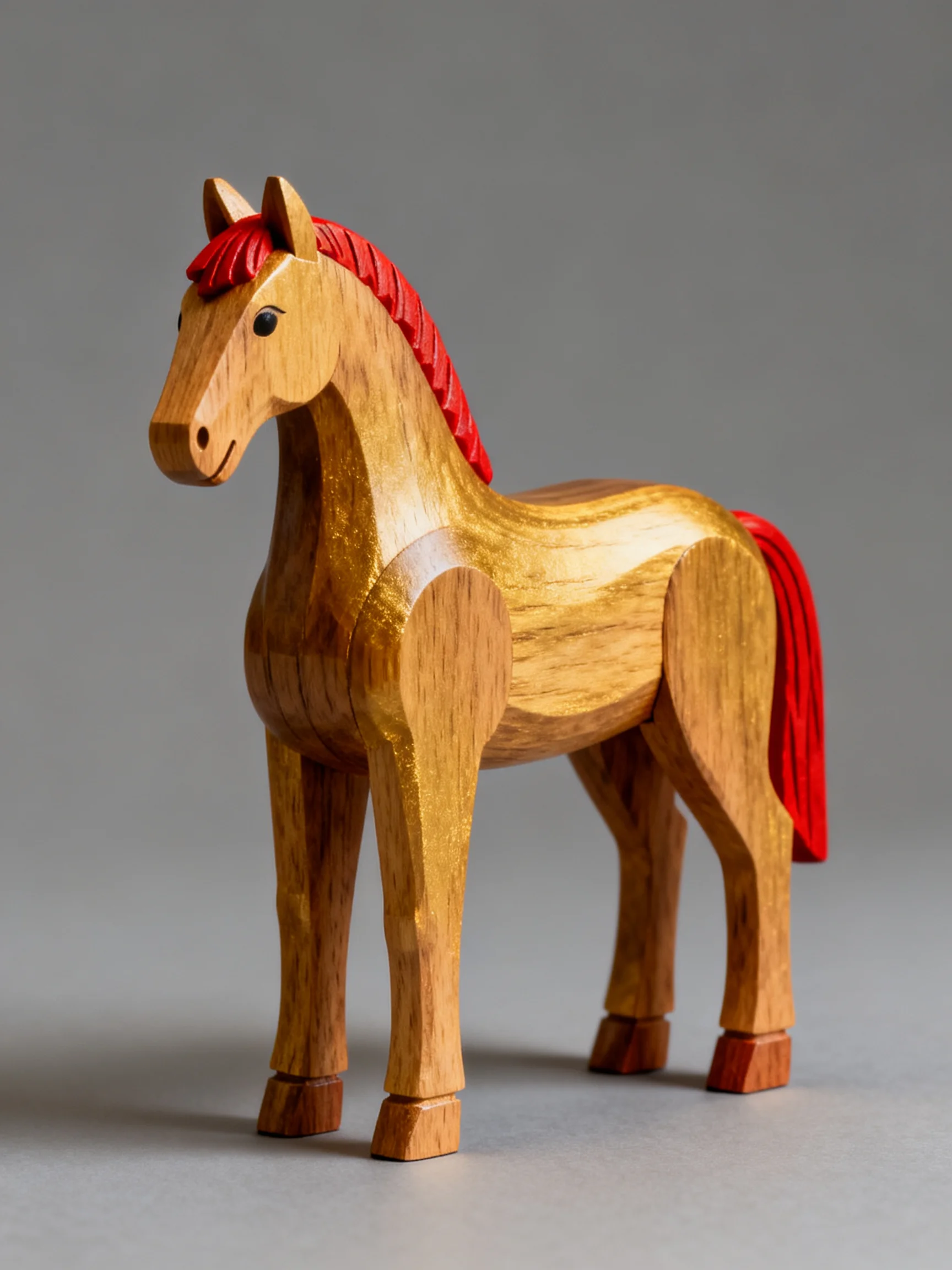 A handcrafted wooden horse with vibrant red mane and tail