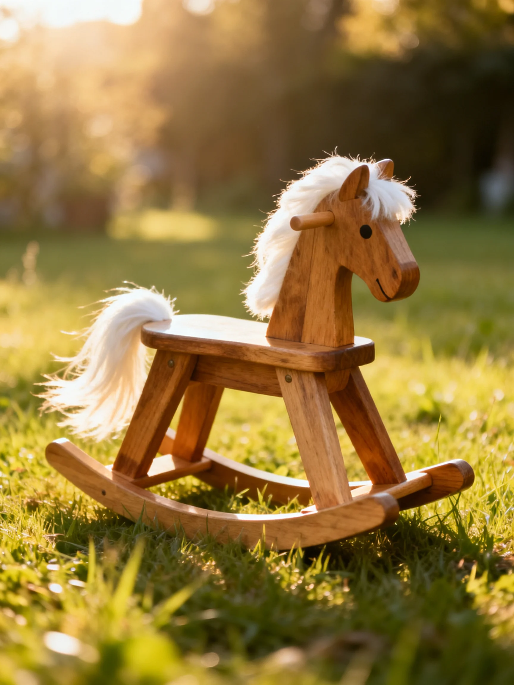 A handcrafted wooden rocking horse with white fur in a sunlit meadow