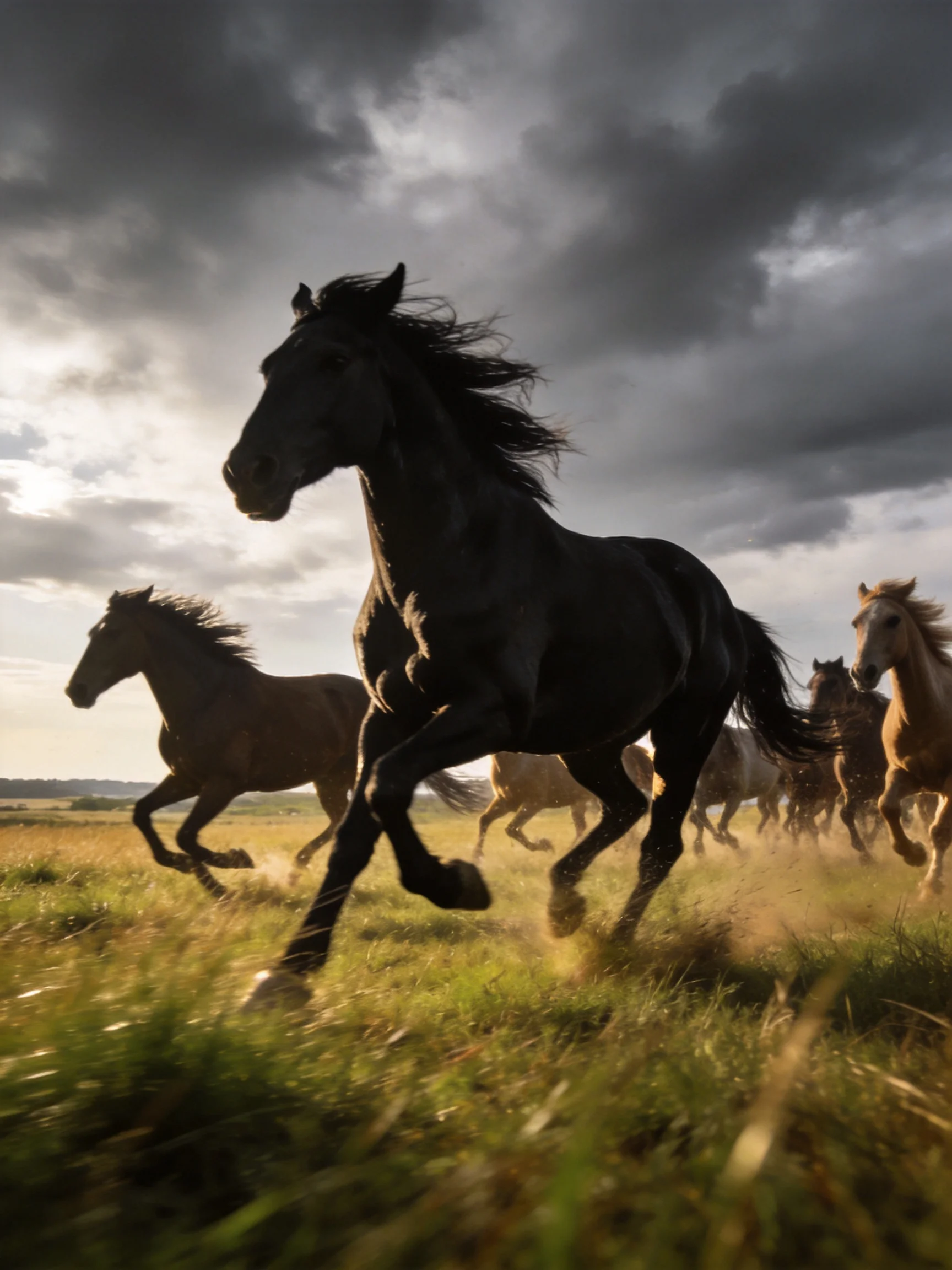 A herd of black and brown horses galloping through a grassy field