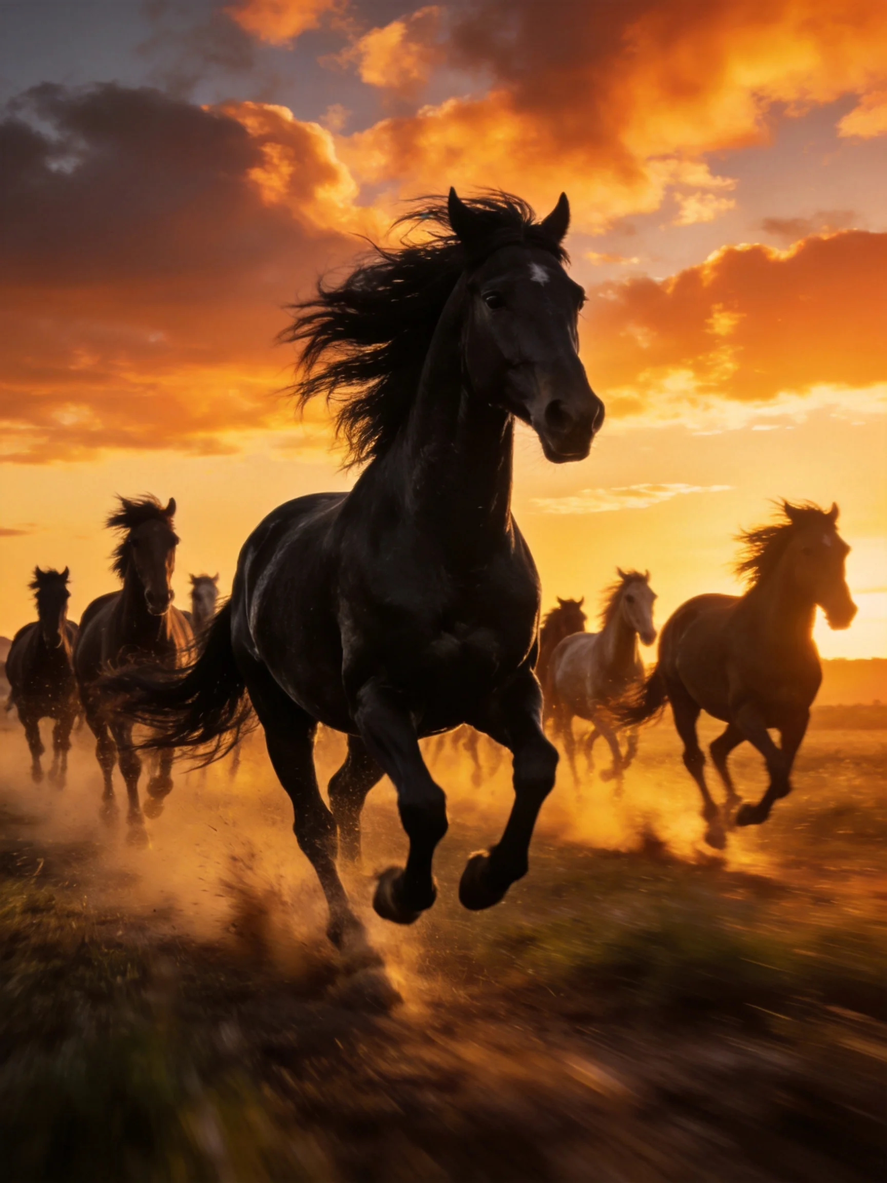 A herd of horses galloping through dusty terrain under vibrant orange sunset skies