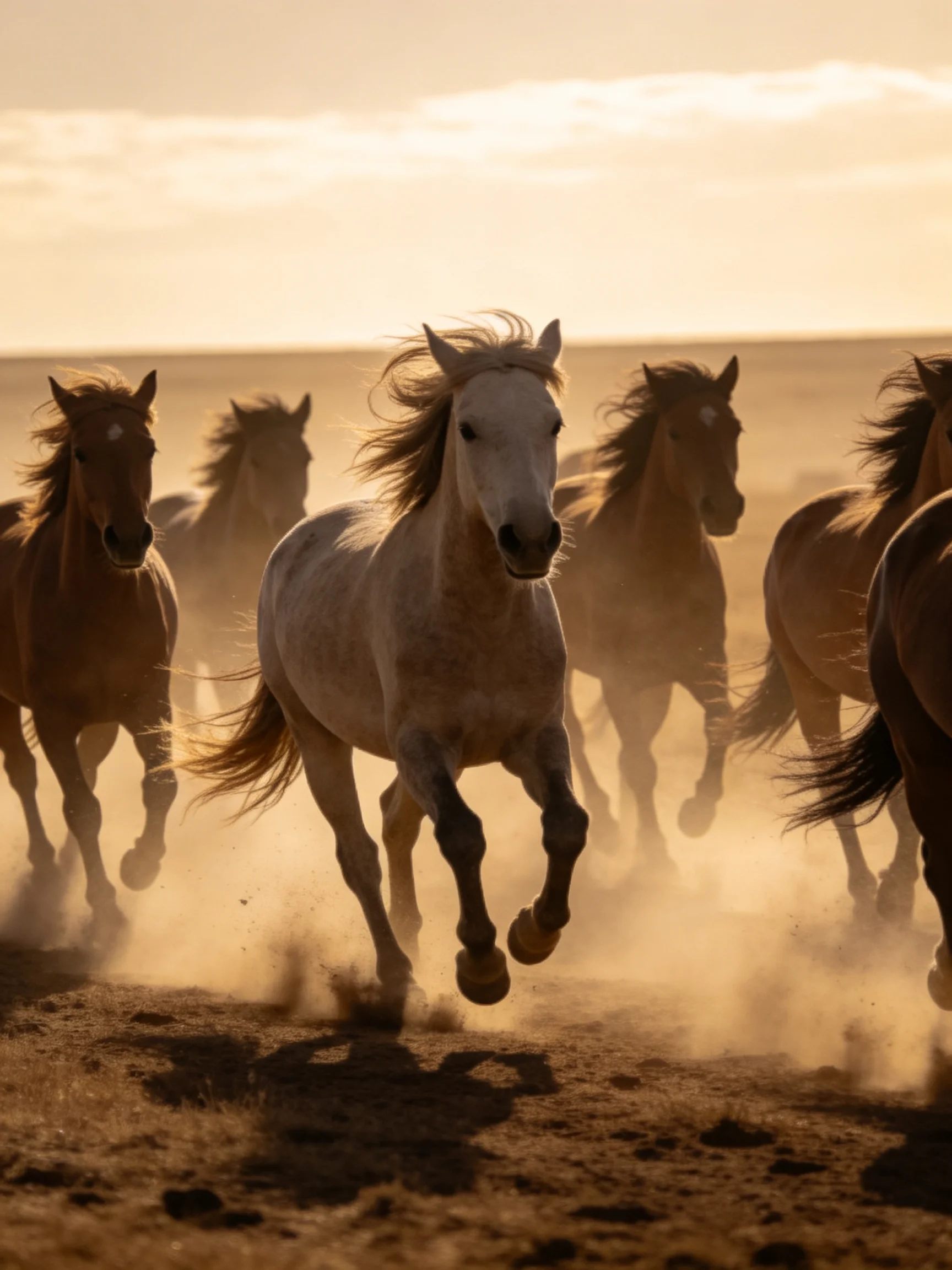 A herd of wild horses galloping through a dusty, golden landscape