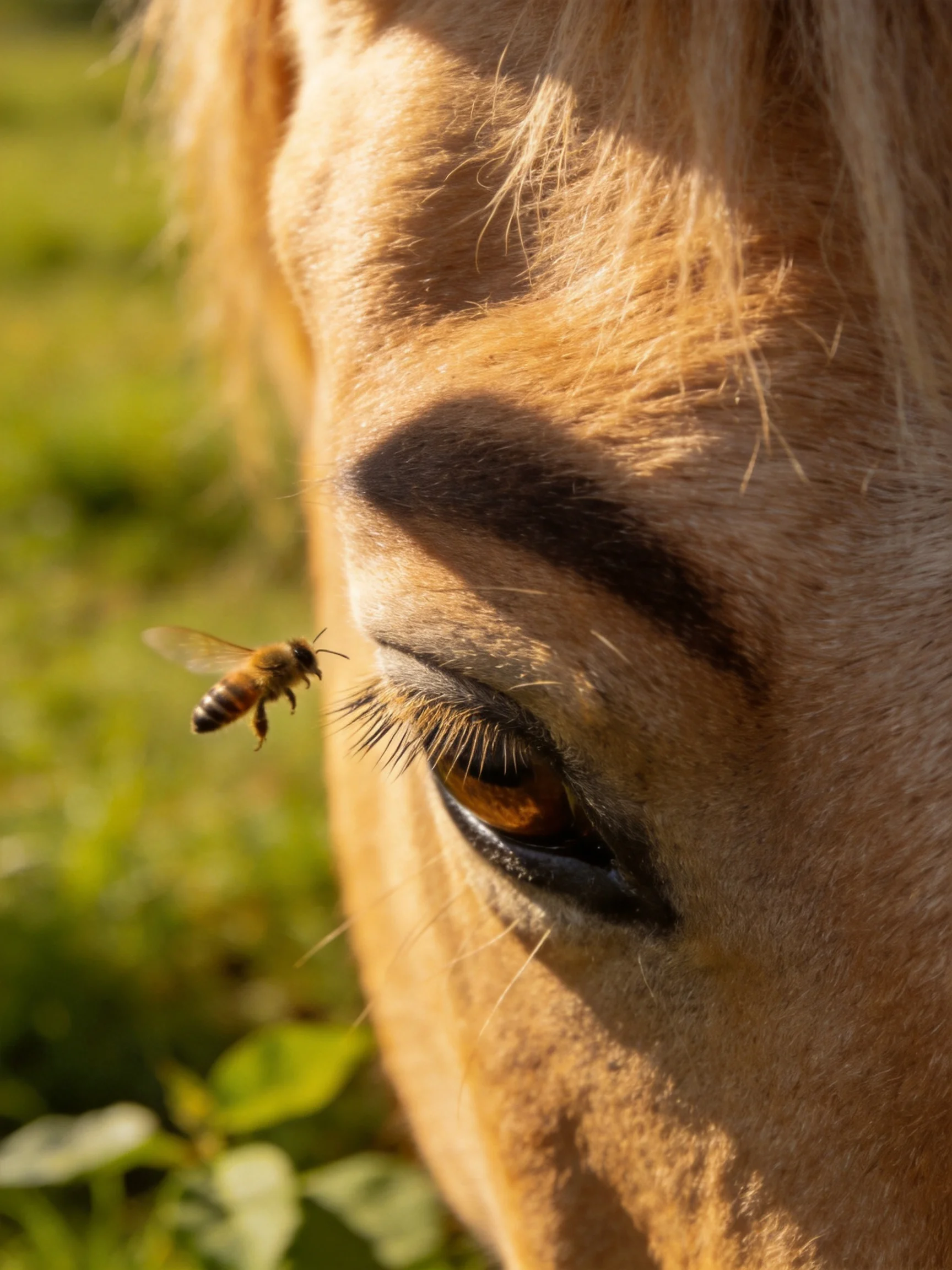 A honeybee hovers near a horses amber-eyed face in sunlit meadow