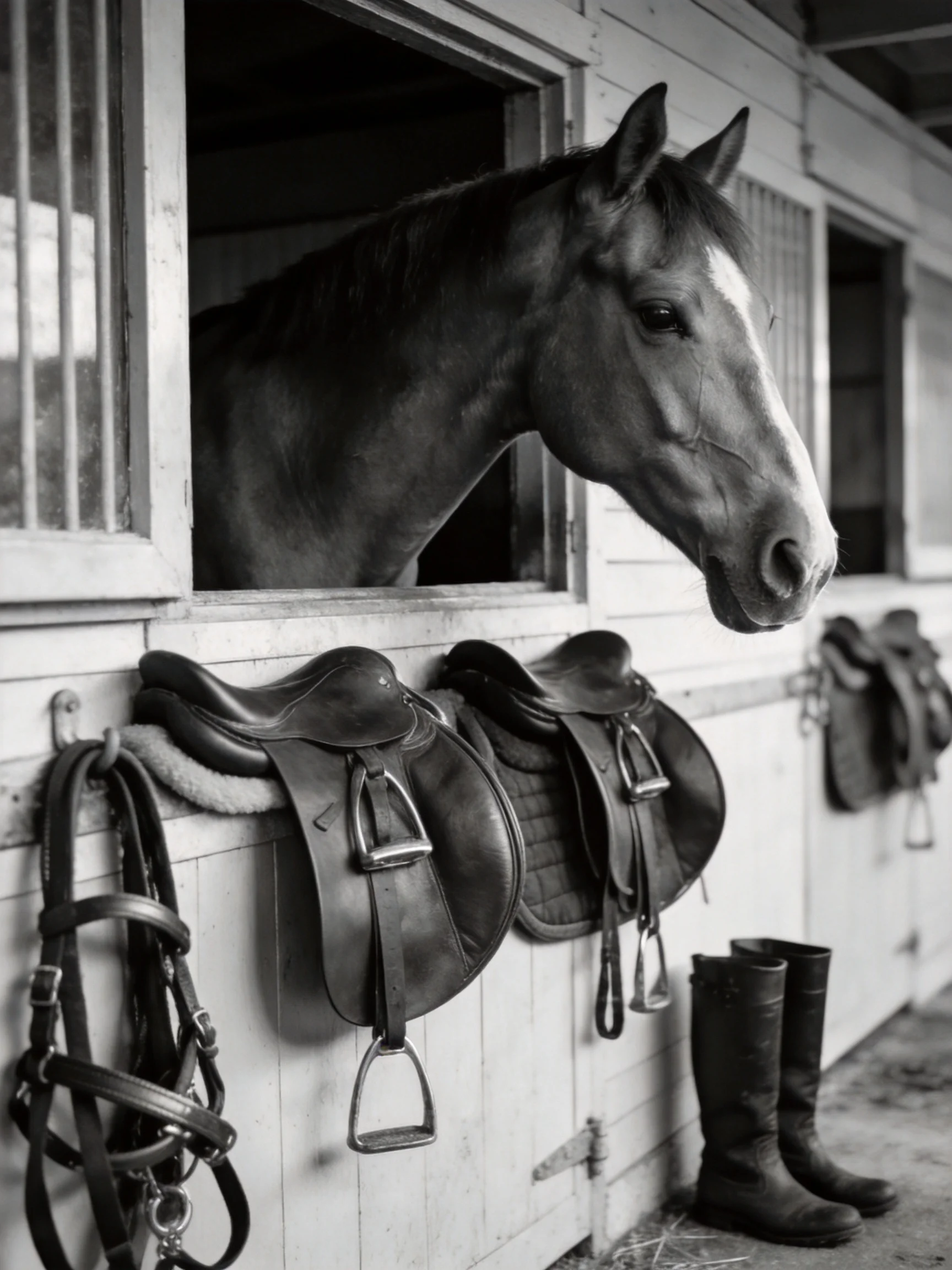 A horse gazes from a stable window with leather saddles and boots nearby