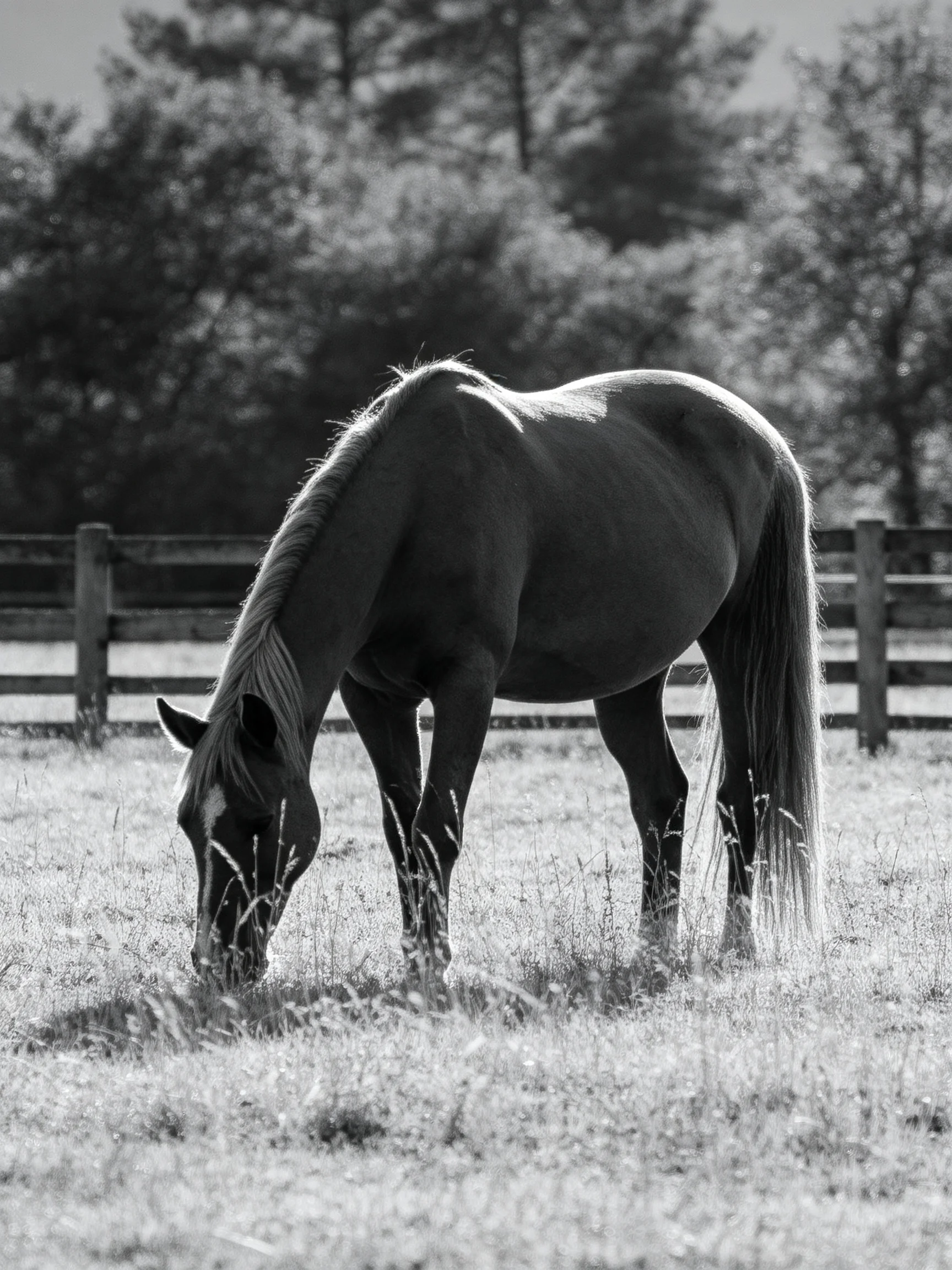 A horse grazes in a sunlit fenced pasture