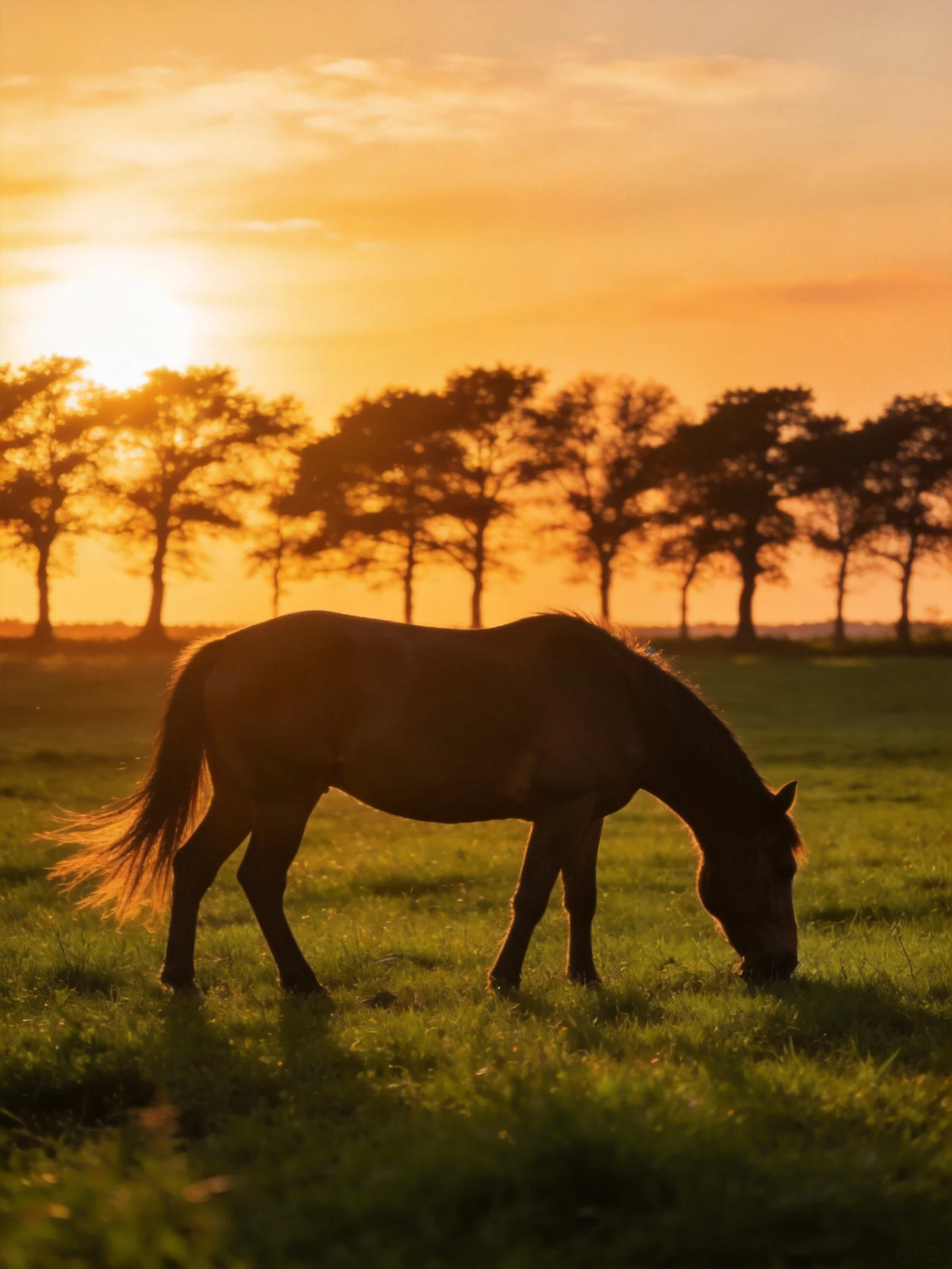 A horse grazes in a sunlit field with silhouetted trees at sunset.