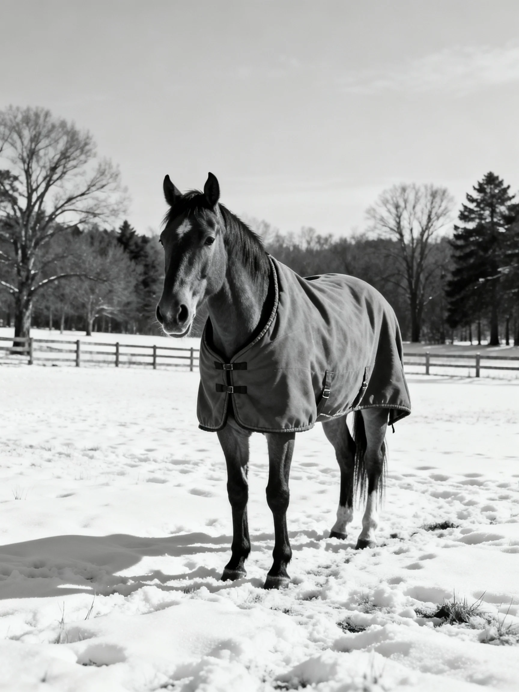 A horse in a winter blanket stands on a snow-covered field