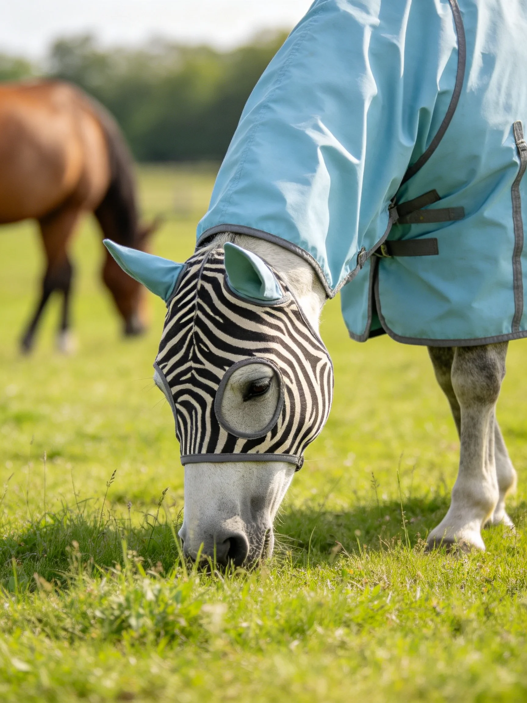 A horse in a zebra-mask and blue cover grazing in a meadow