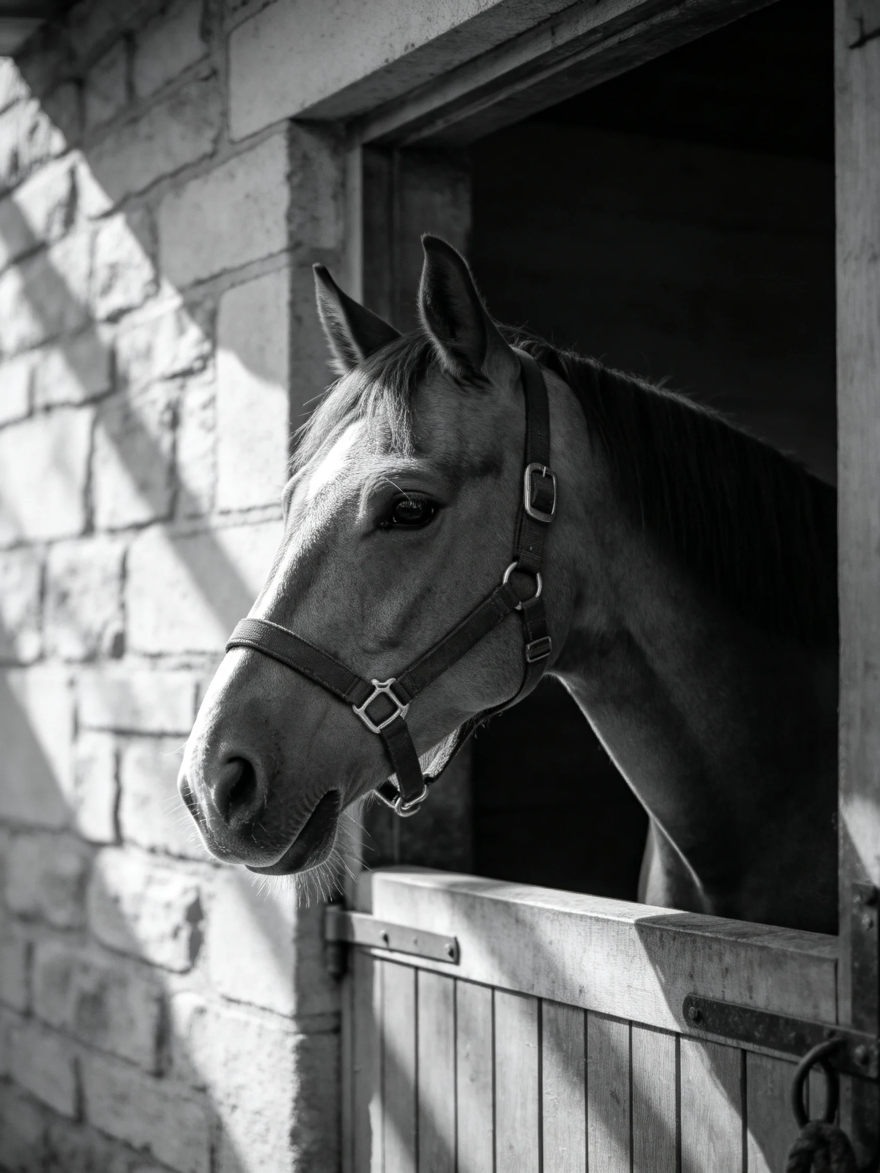 A horse peers from a stone-stable doorway in monochrome