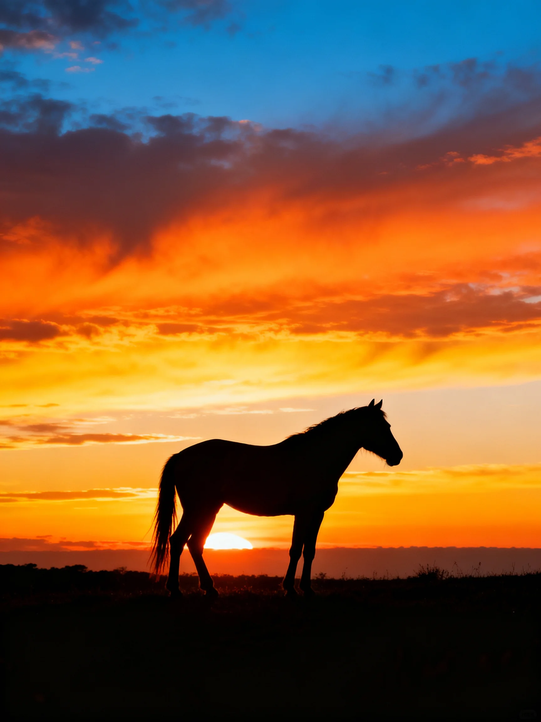 A horse silhouette against a vibrant sunset sky with orange and blue hues