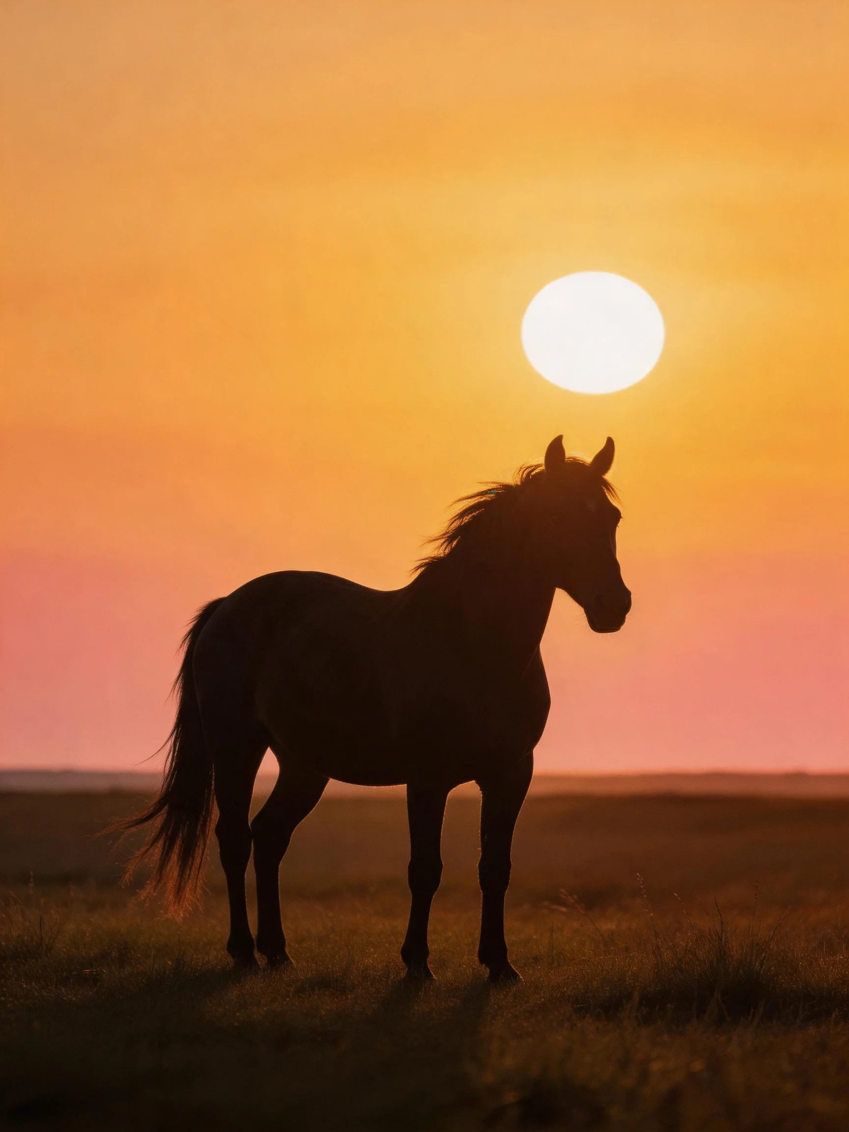 A horse silhouette in a grassy field under a vibrant sunset sky