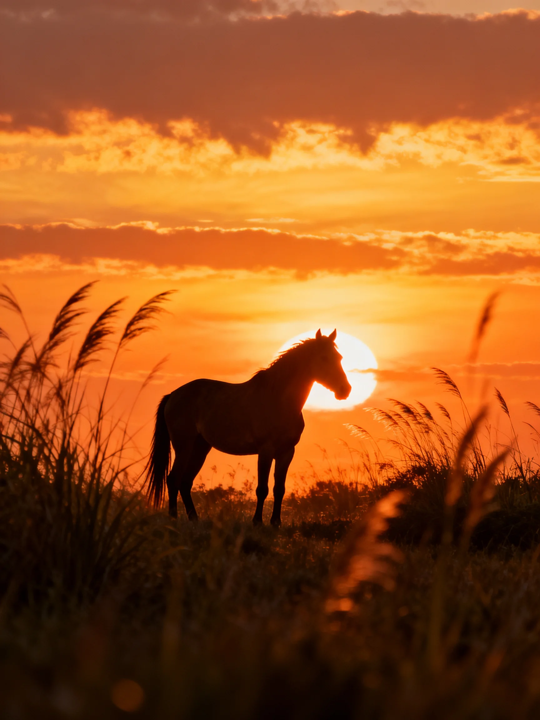 A horse silhouetted against a vibrant orange sunset with tall grasses
