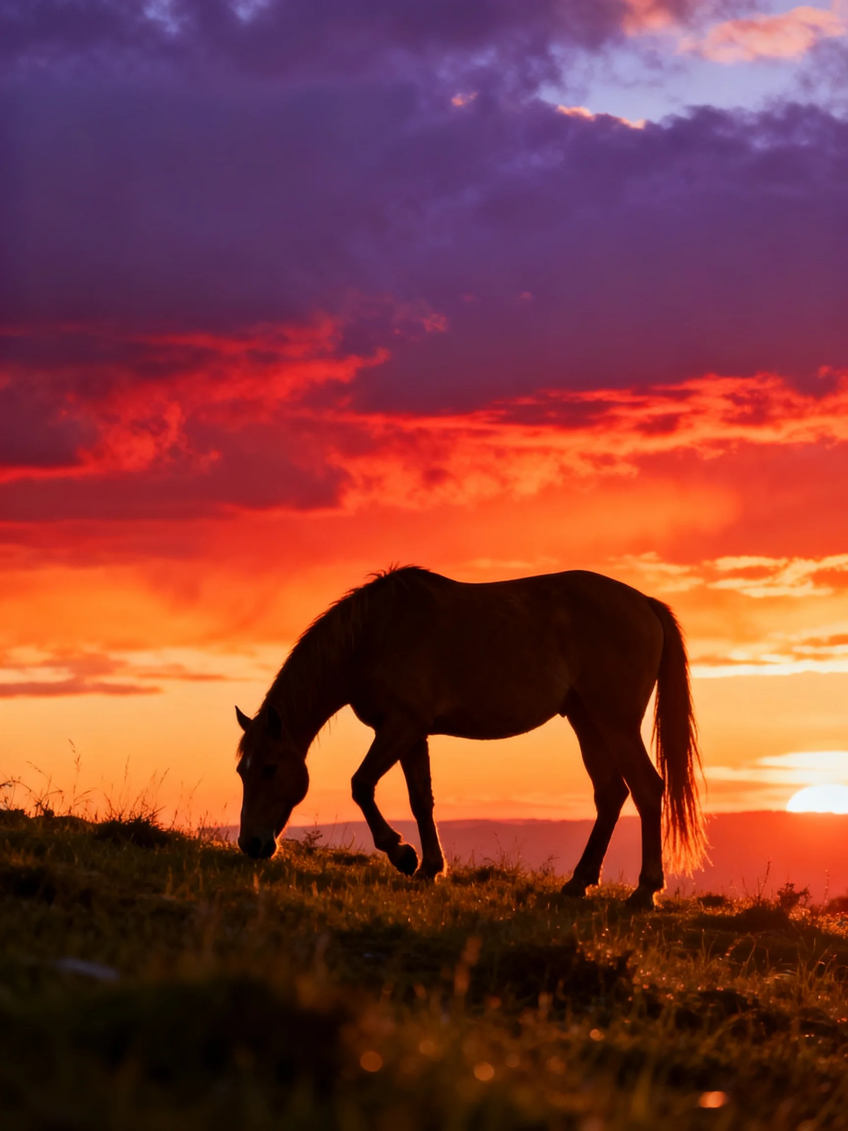 A horse silhouetted against a vibrant sunset sky over a grassy hill