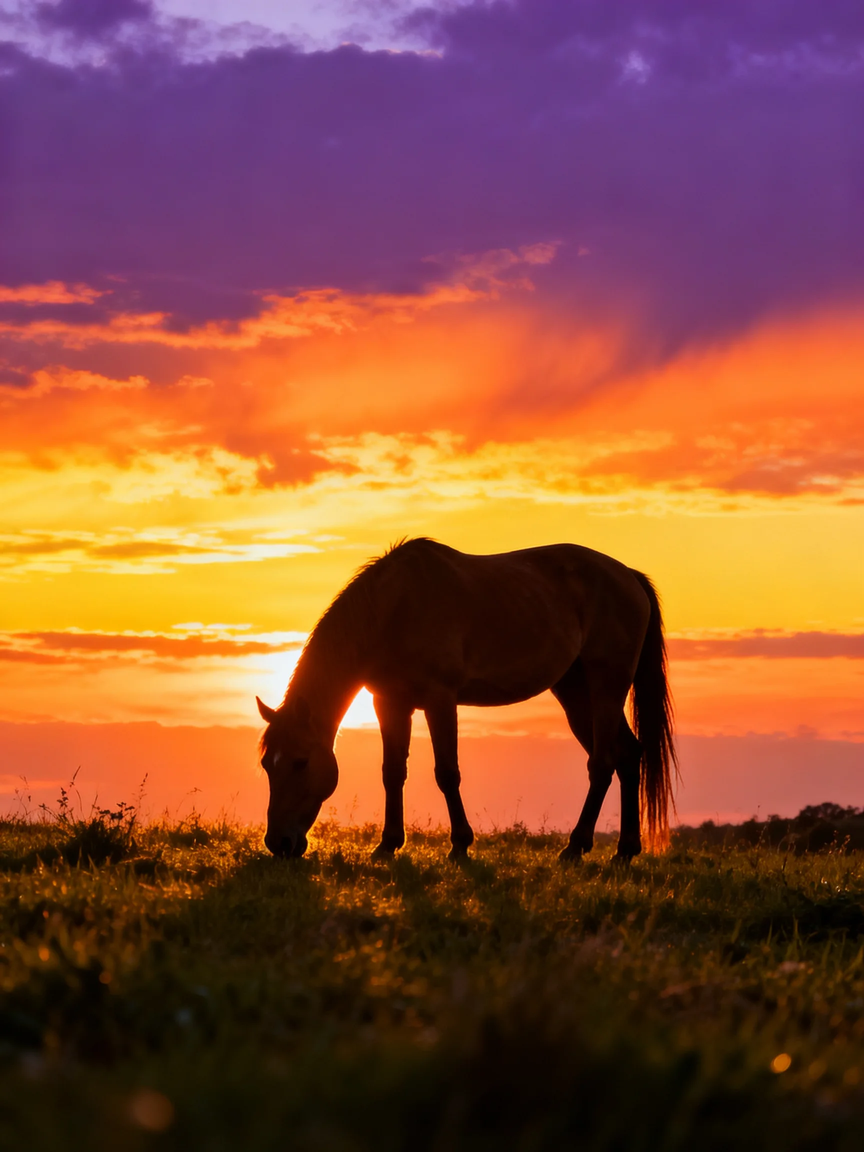 A horse silhouetted against a vibrant sunset sky over lush grass