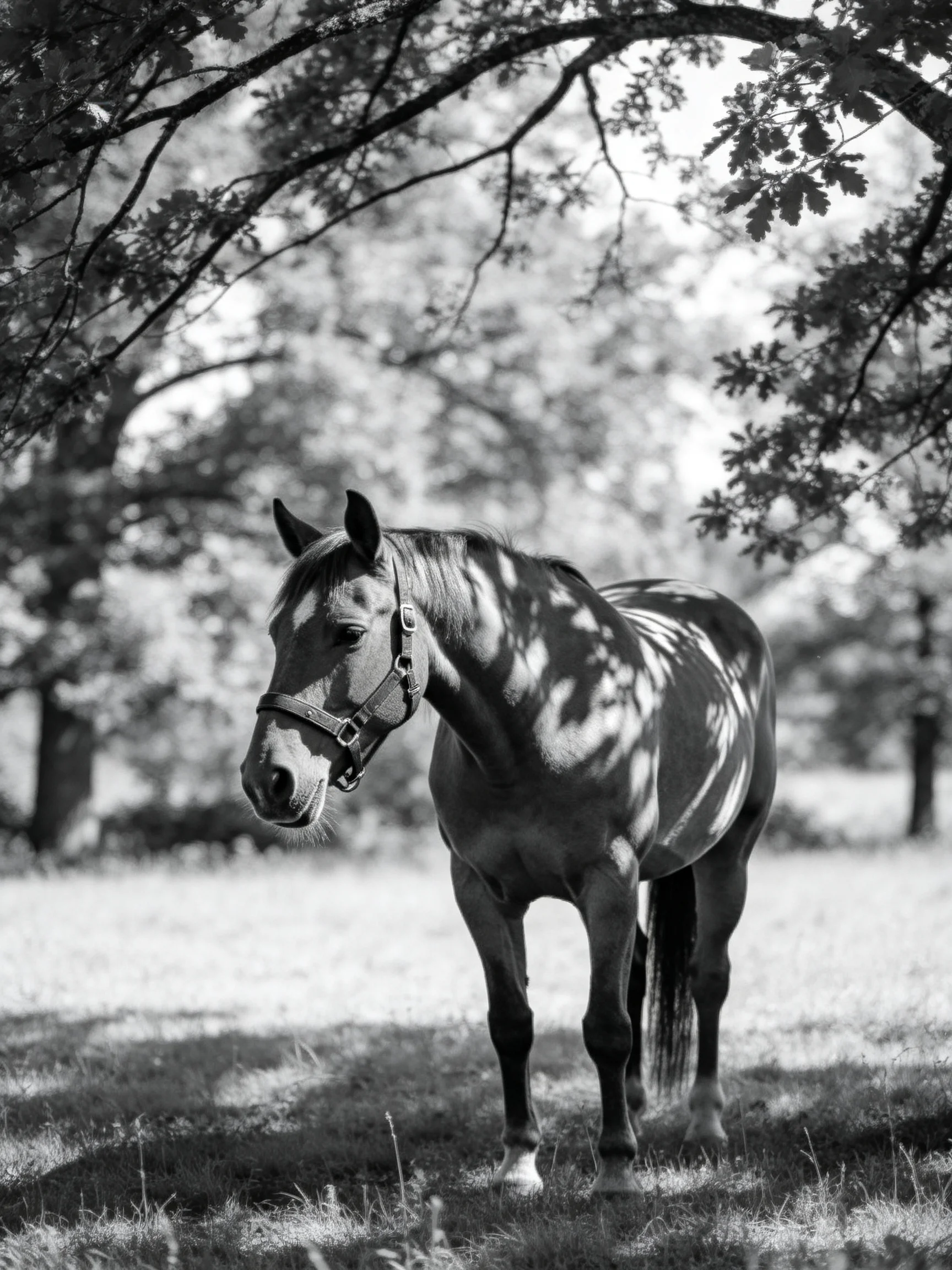 A horse stands beneath leafy trees in a sun-dappled meadow