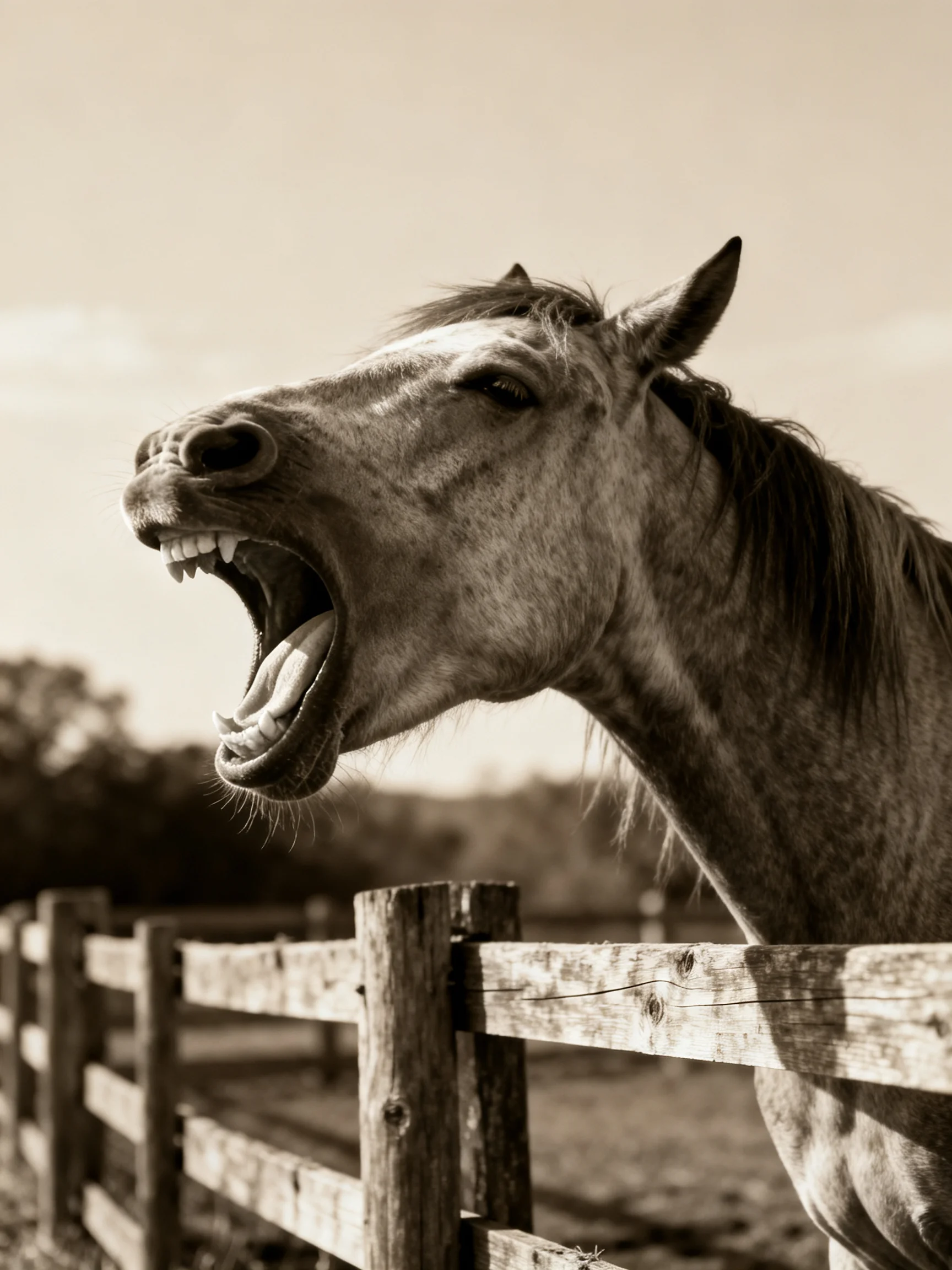 A horse yawning beside a weathered wooden fence in sepia tones
