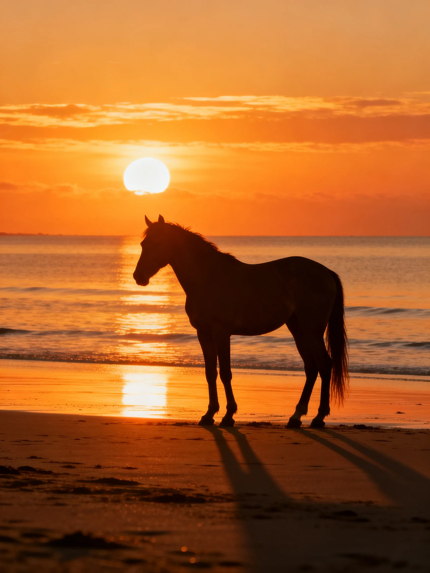 A horse’s silhouette on a golden sandy beach during sunset