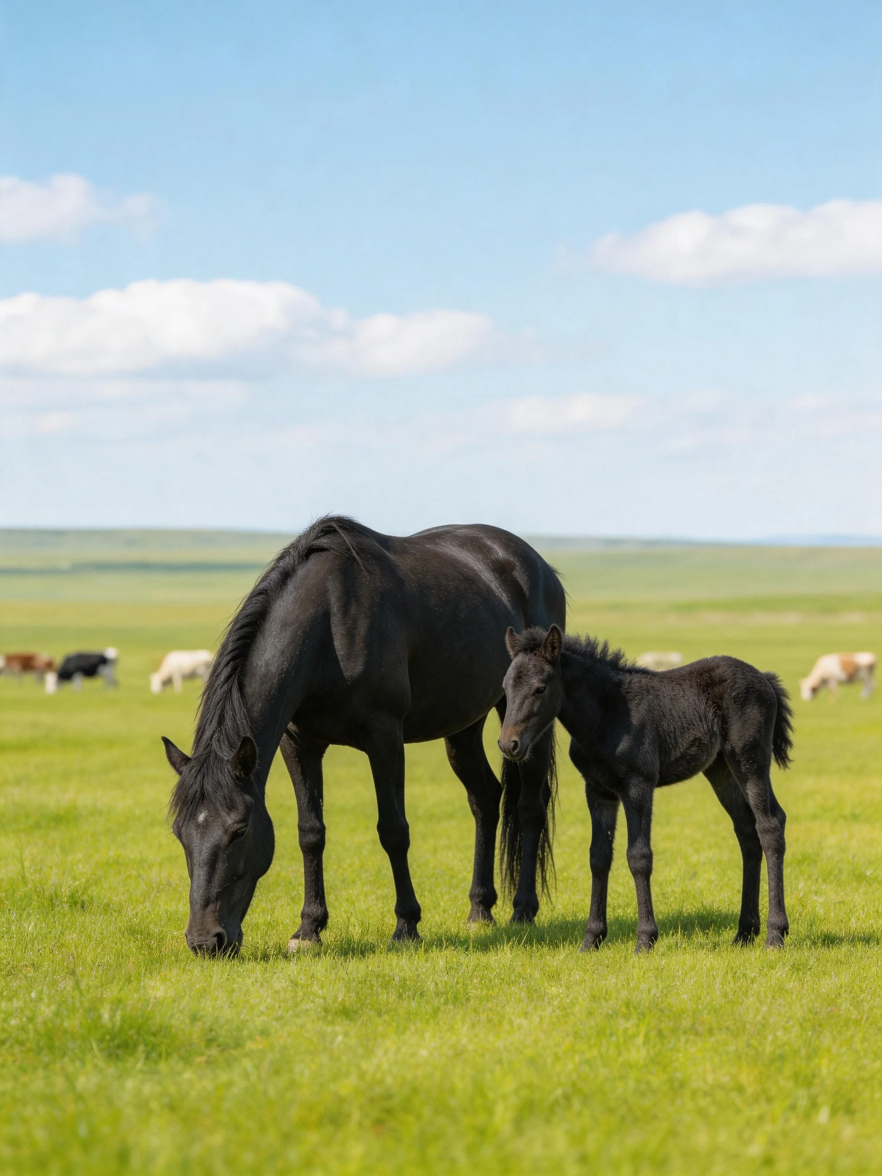 A large black horse and small black foal graze in a lush green pasture