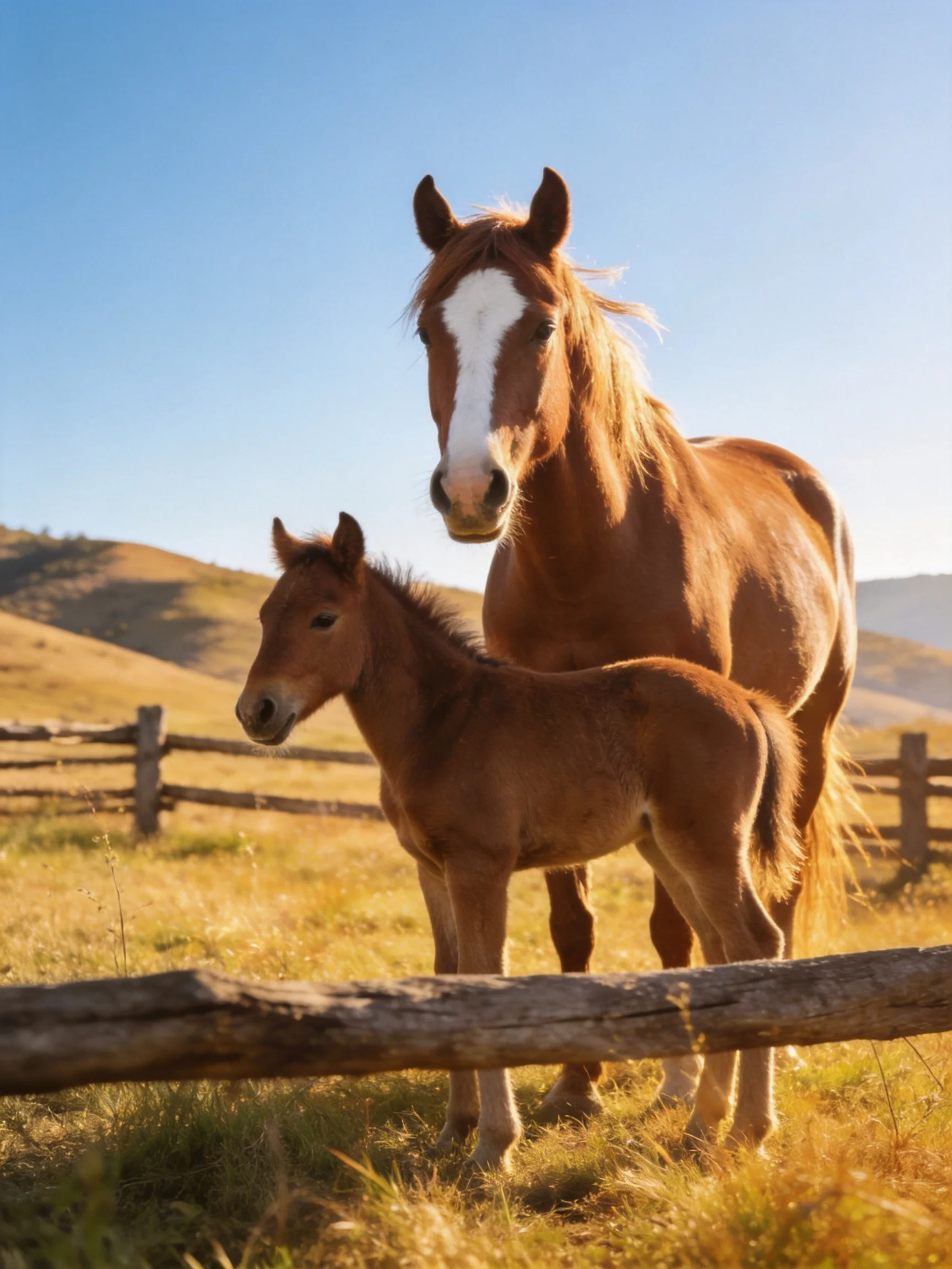 A large brown horse stands beside a small foal in a sunlit pasture.