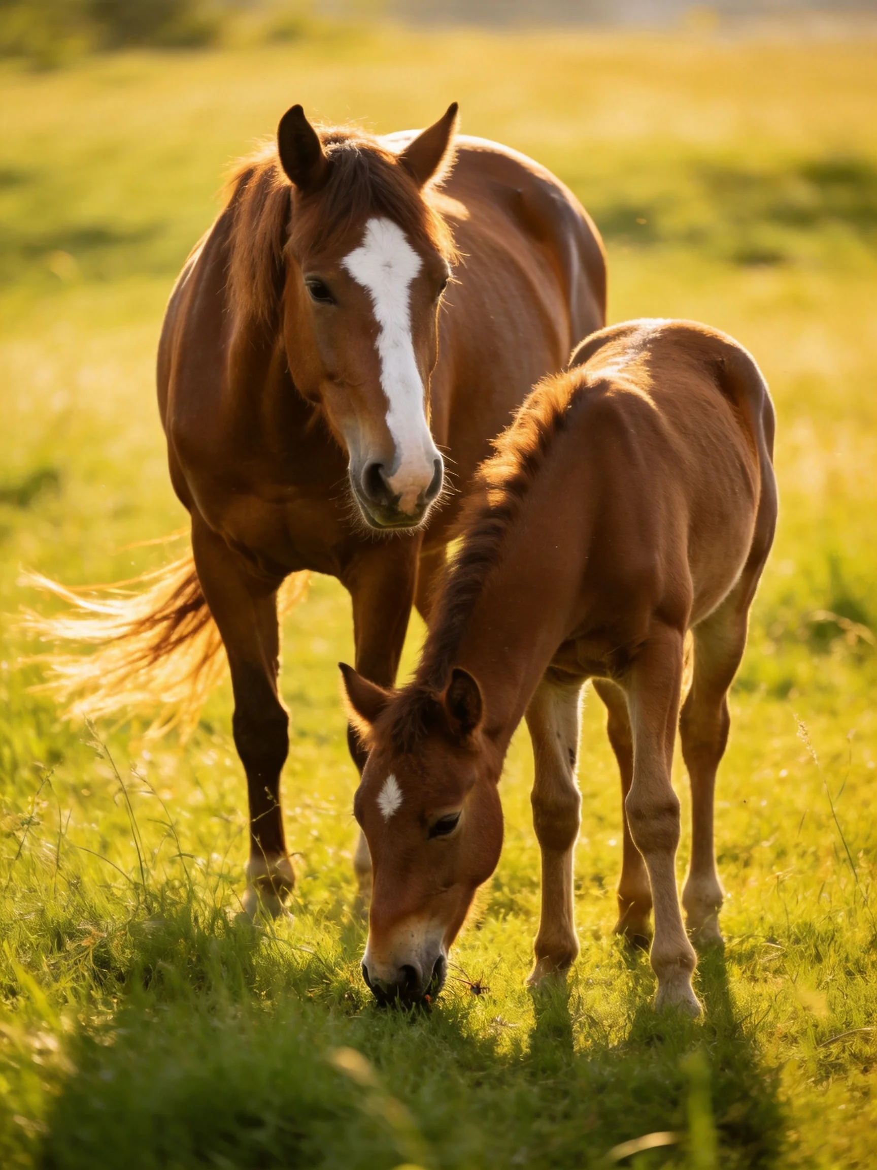 A large brown mare and young foal graze in a sunlit green meadow