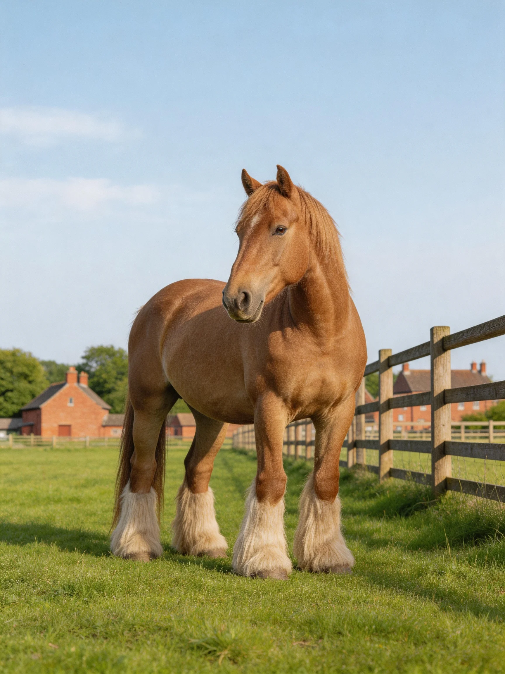 A large chestnut draft horse stands in a green pasture beside a wooden fence.