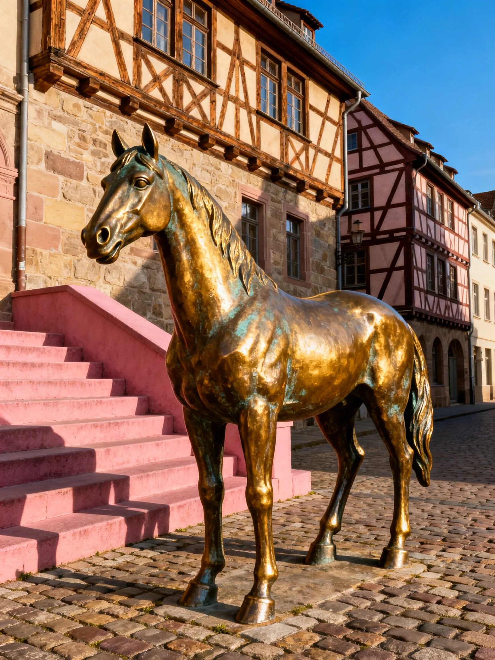 A large golden-hued horse statue beside pink stairs and timber-framed buildings